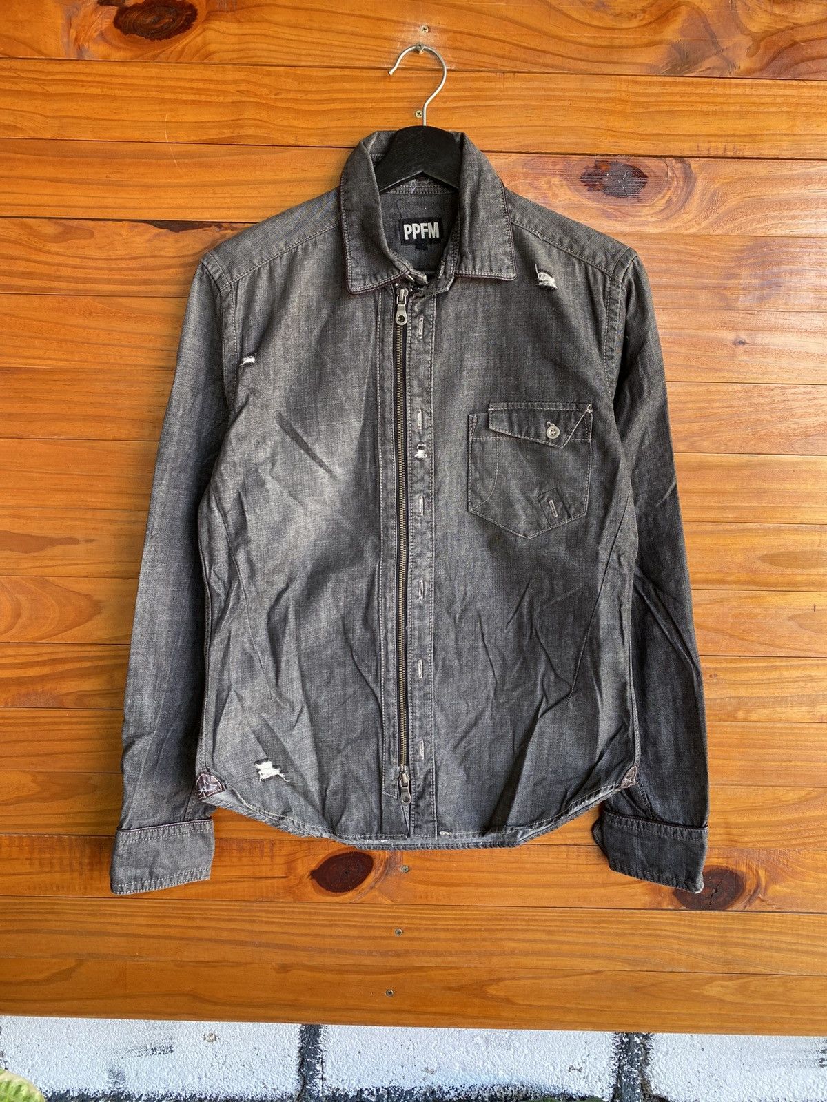PPFM PPFM Japan Distressed Denim Jacket Grey Zip-Up Workwear Size US S / EU 44-46 / 1 - 3 Thumbnail