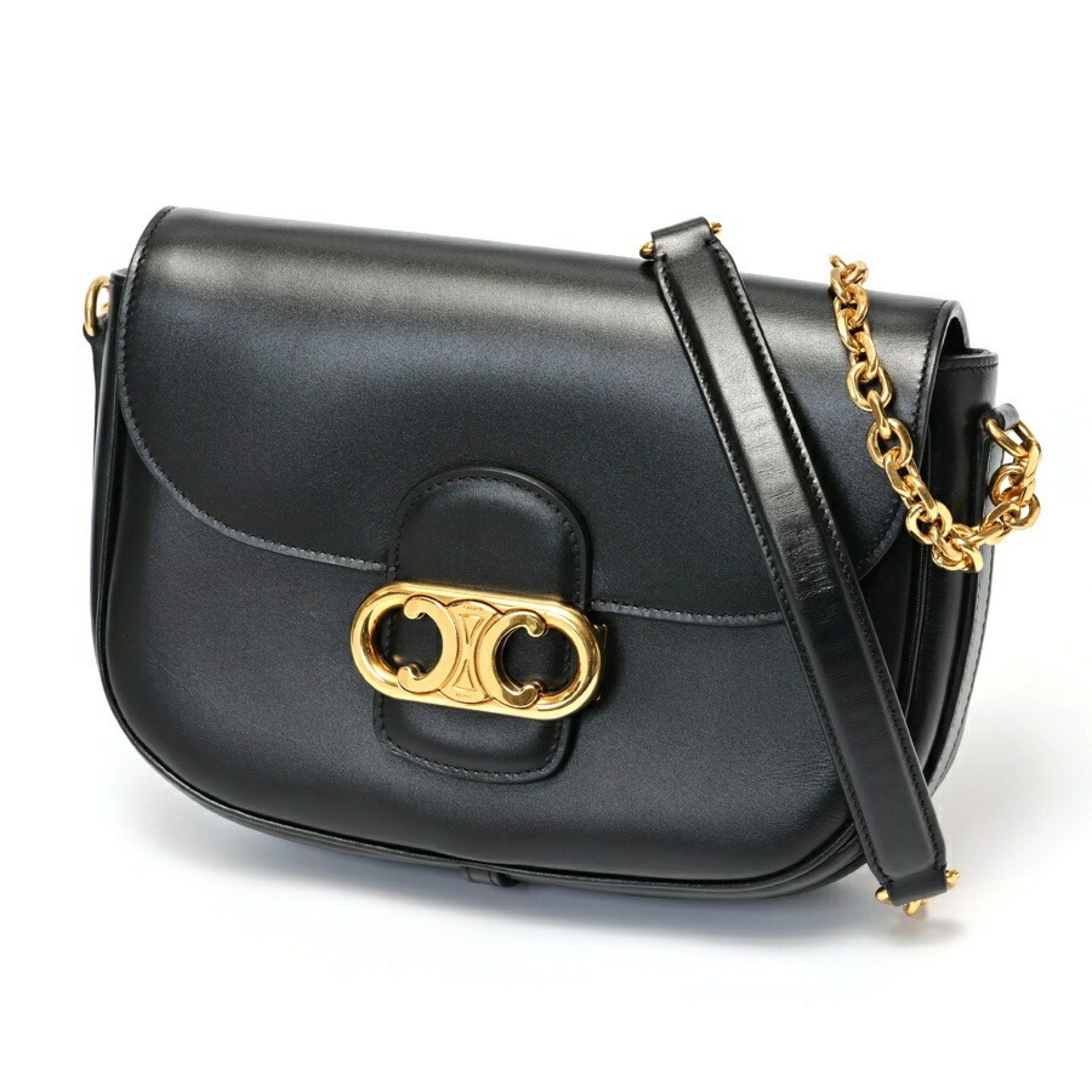 CELINE Triomphe Maillon Chain Shoulder Bag 19134 Leather Black S-157999