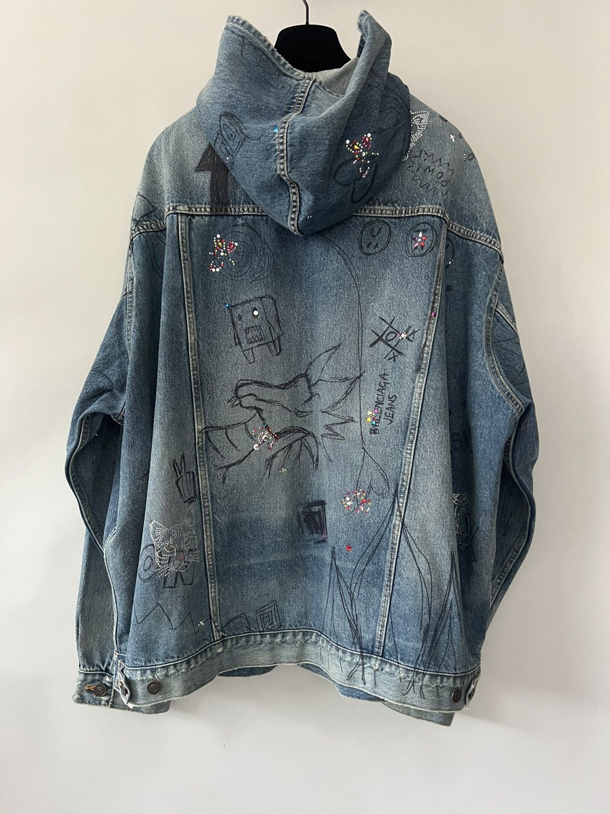 Balenciaga Rhinestones Scribble Hooded Denim Jacket Size US L / EU 52-54 / 3 - 9 Thumbnail