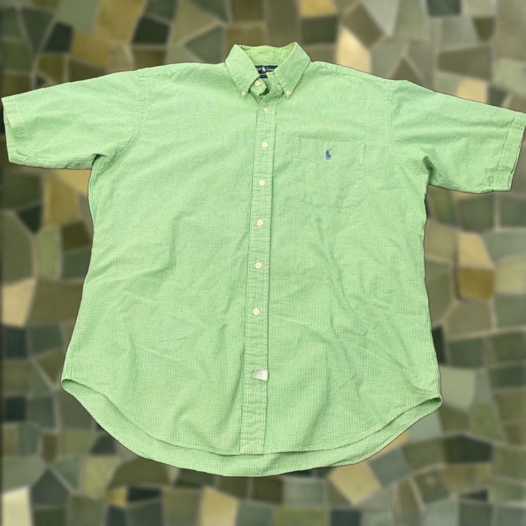 Ralph Lauren VINTAGE Ralph Lauren Shirt Mens Large Green Check Gingham Polo Pony Retro 90s, Button-Up, Short Sleeve, Cotton, Casual Wear, Preppy Mens L Size US L / EU 52-54 / 3 - 1 Thumbnail