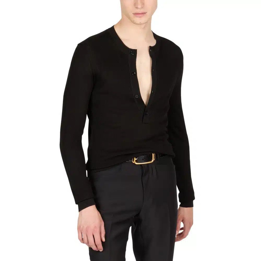 Tom Ford o1loc1c0325 KYL012 Silk Blend Henley Shirt in Black Size US L / EU 52-54 / 3 - 2 Thumbnail