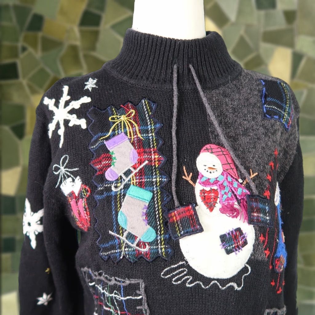 Vintage VINTAGE 90s Design Originals Black Knit Christmas Snowman Turtleneck Sweater S Women Size S / US 4 / IT 40 - 1 Thumbnail
