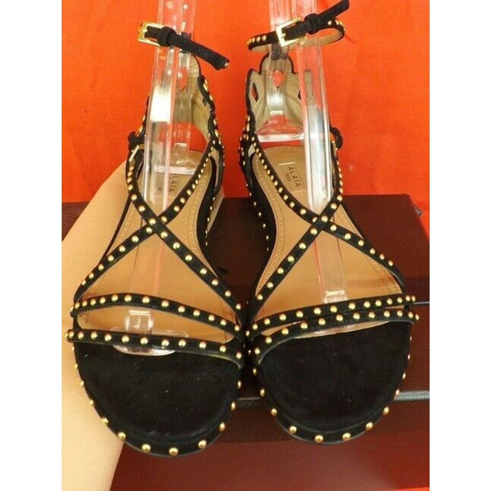 Alaia NEW ALAIA BLACK SUEDE CRISSCROSS GOLD STUDS SANDALS 36.5 Size US 6.5 / IT 36.5 - 8 Thumbnail