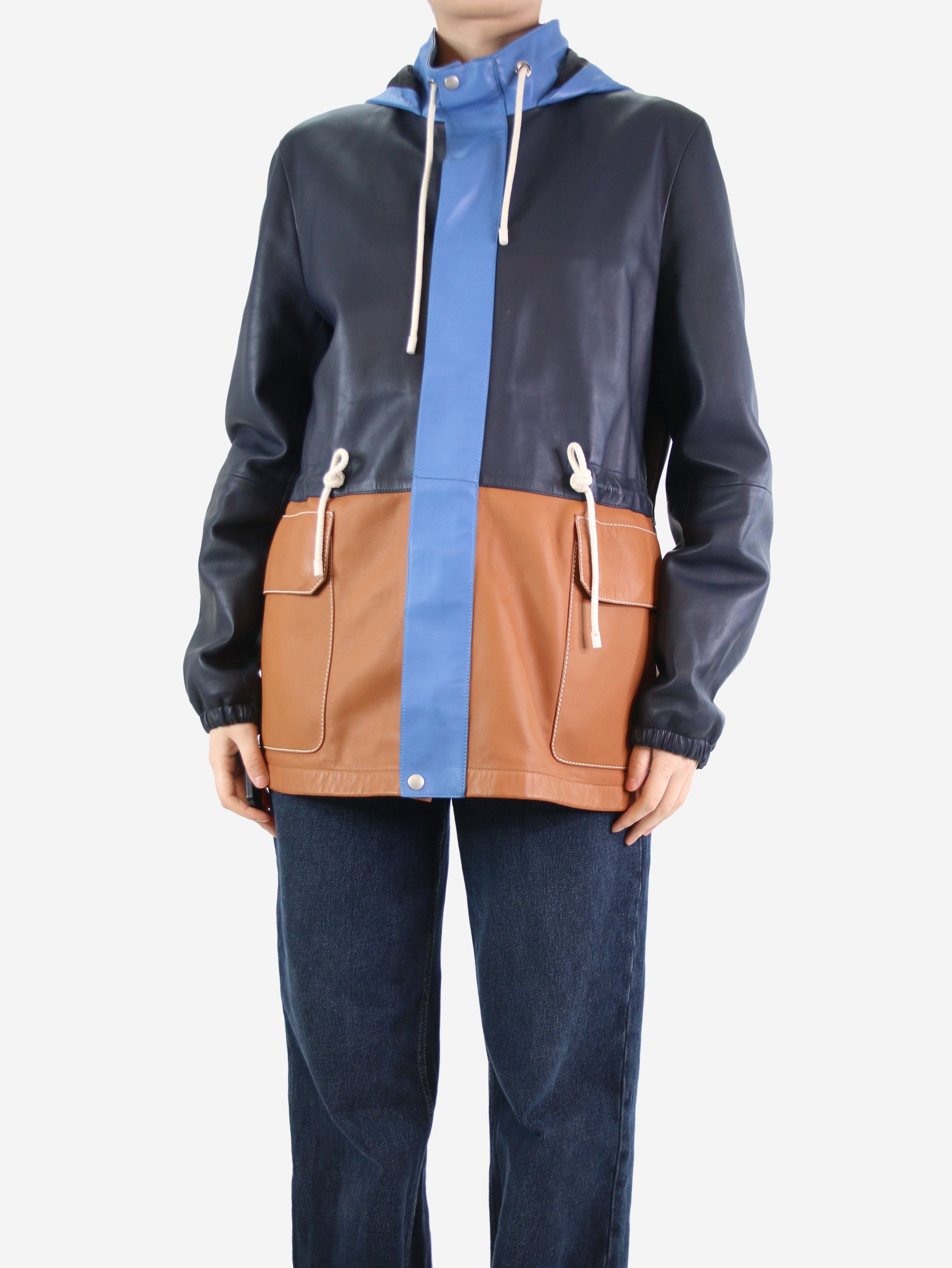 Blue colour-block leather hooded coat - size EU 46
