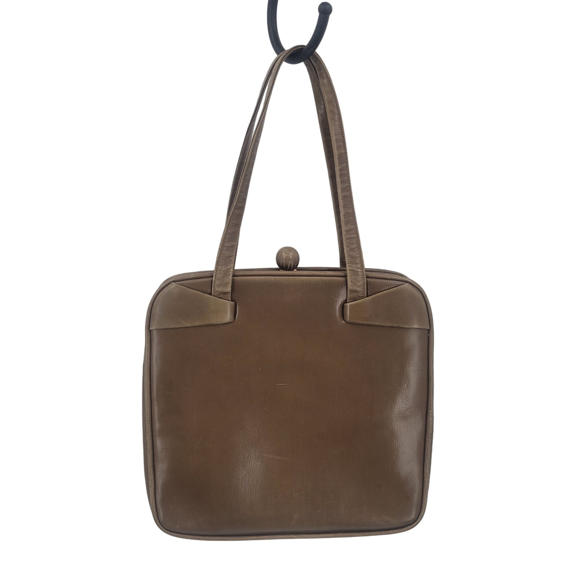 Vintage 60s 50s Brown Leather Handbag Framed Square Top Handle Size ONE SIZE - 3 Thumbnail