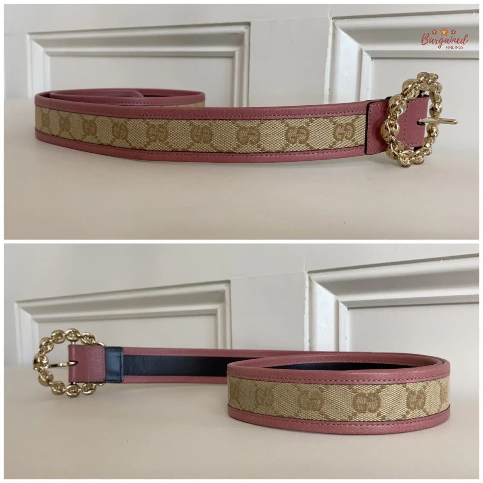 Gucci Gucci Pink Monogram Canvas Leather Gold Chain Buckle Belt Size ONE SIZE - 5 Thumbnail
