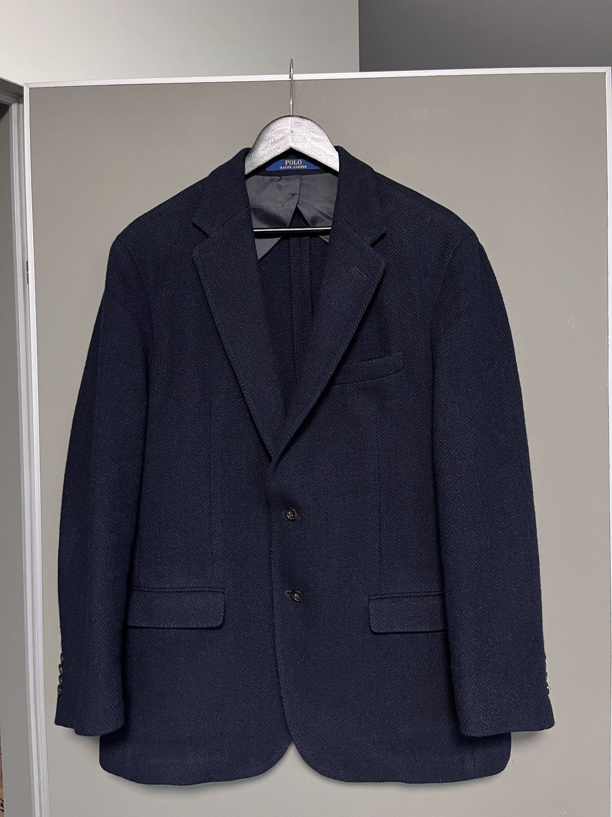 image of Polo Ralph Lauren x Ralph Lauren Ralph Laurent Herringbone Wool Tweed Blue Blazer Jacket (Size Medi