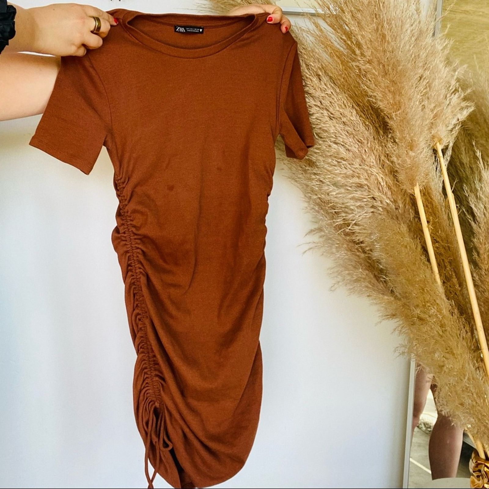Zara ZARA Ruched Short Ribbed Tee Shirt Tie Mini Dress Rust Brown Size L / US 10 / IT 46 - 4 Thumbnail