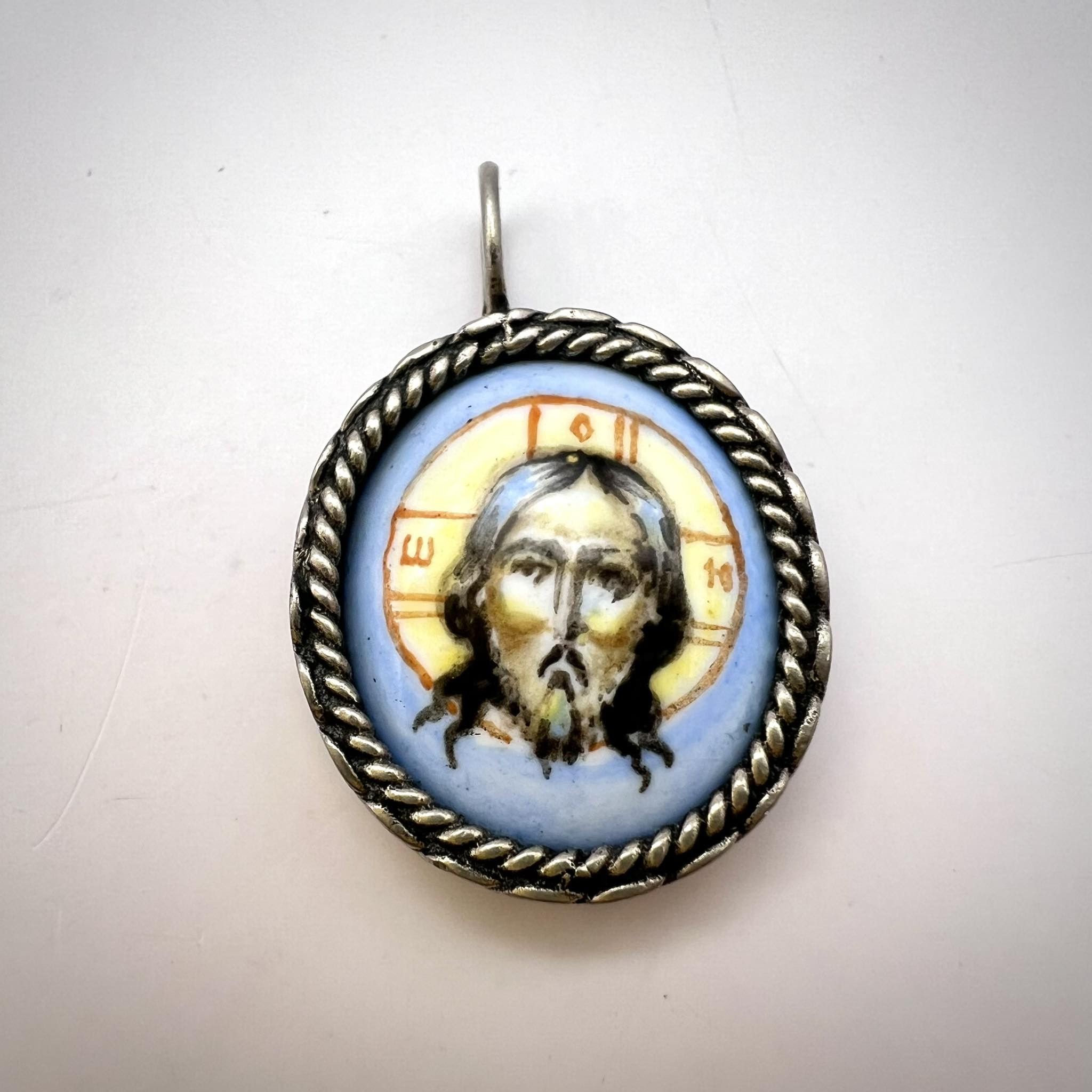 Sterling Silver Vintage Silver Christian Pendant Icon Enamel Porcelain Jesus Size ONE SIZE - 6 Thumbnail