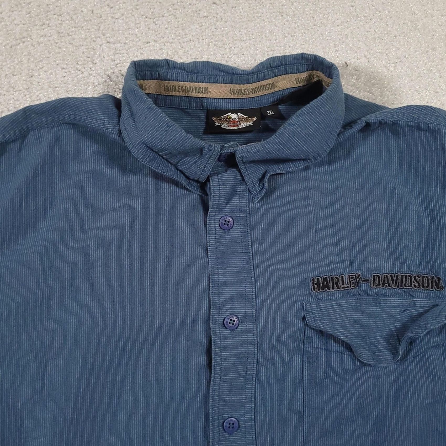 Harley Davidson Harley-Davidson Shirt Mens 2XL Blue Short Sleeve Button Up Eagle Graphic Embroidered Pocket Back Graphic Biker Motorcycle Size US XXL / EU 58 / 5 - 3 Thumbnail