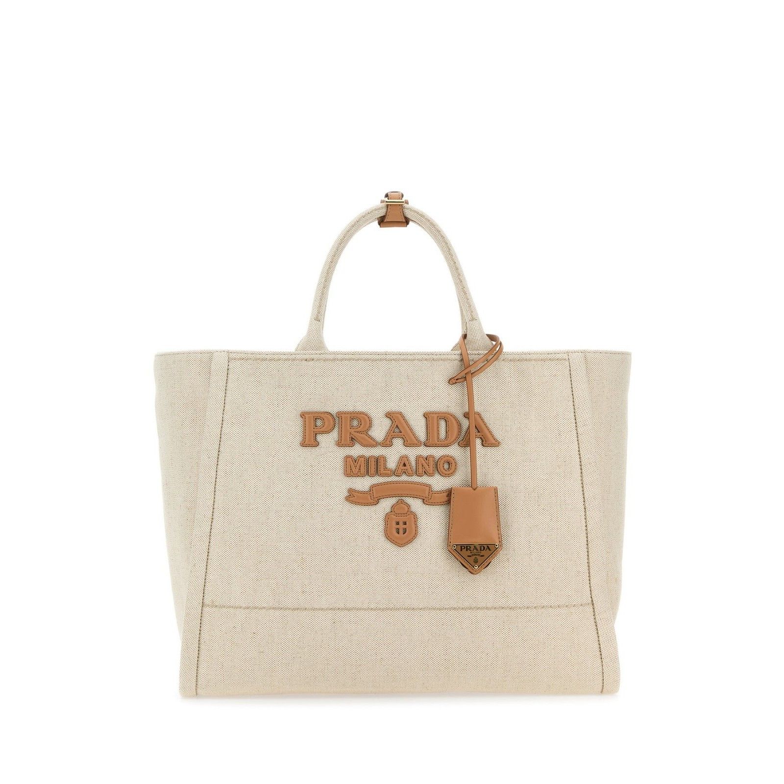 PRADA Sand Beige / Brown Canvas Fabric Shopper Tote Bag New