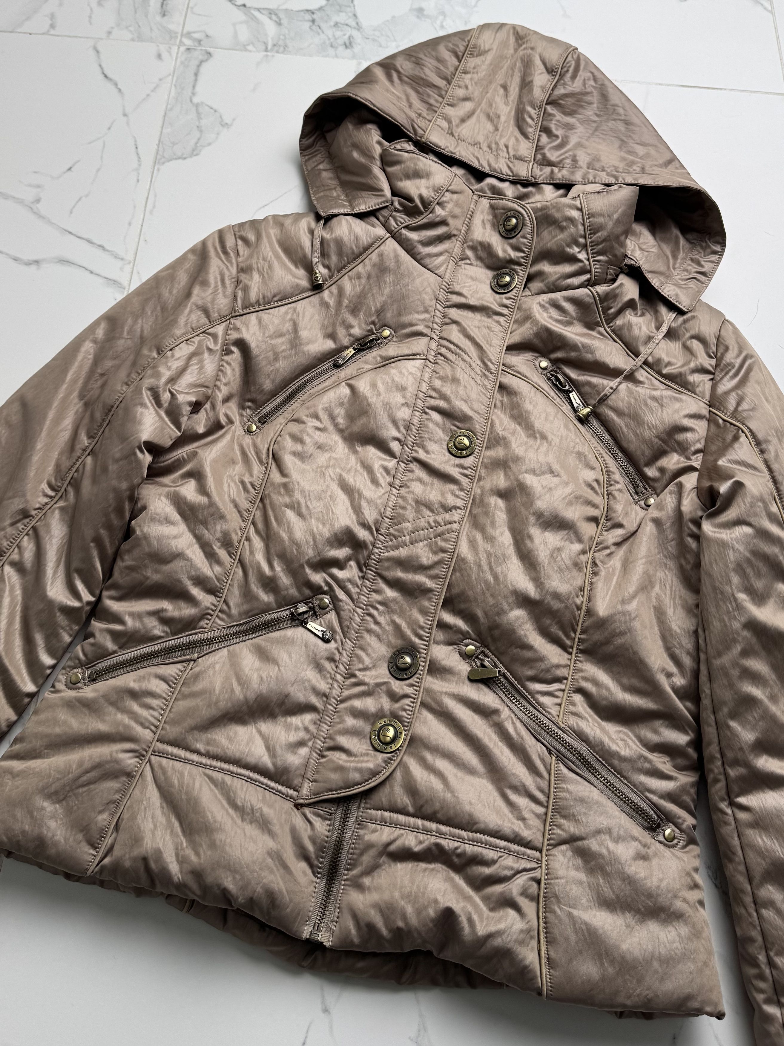 Vintage Taupe Hooded Jacket Women L Zip Up Y2K Utility Biker Coat Size L / US 10 / IT 46 - 6 Thumbnail