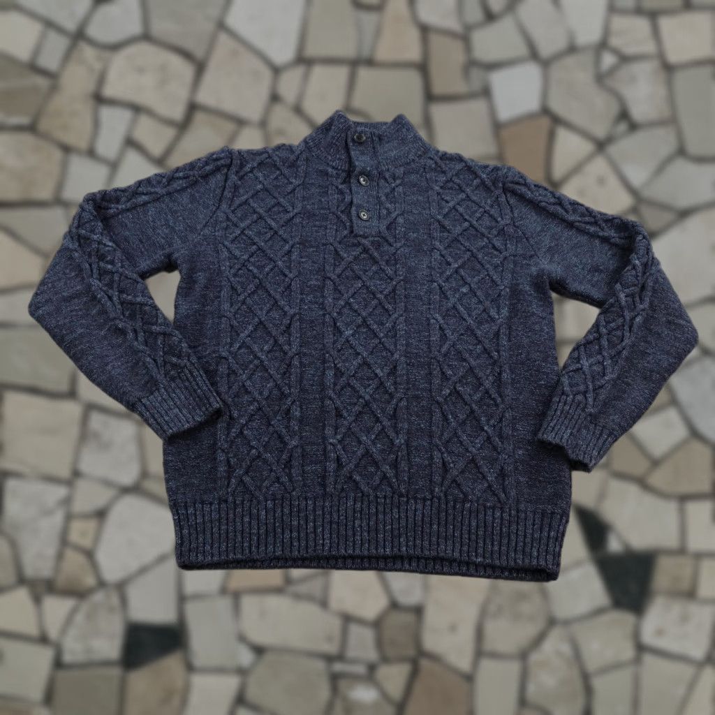 Gap Gap Sweater Mens Large Blue Cable-Knit Mock Neck Henley Pullover Heavyweight Casual Business Travel Size US L / EU 52-54 / 3 - 1 Thumbnail