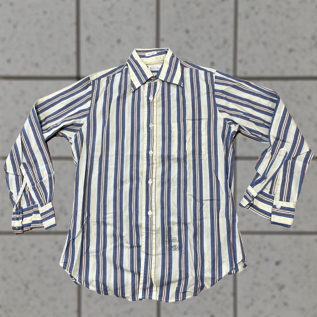 Gant VINTAGE GANT Shirt Regular 15.5 34 Blue Yellow Cream Green Striped Button-Up Western Cowboy 70s 90s Bohemian Grandpa Point Collar USA Mens Size US L / EU 52-54 / 3 - 1 Thumbnail