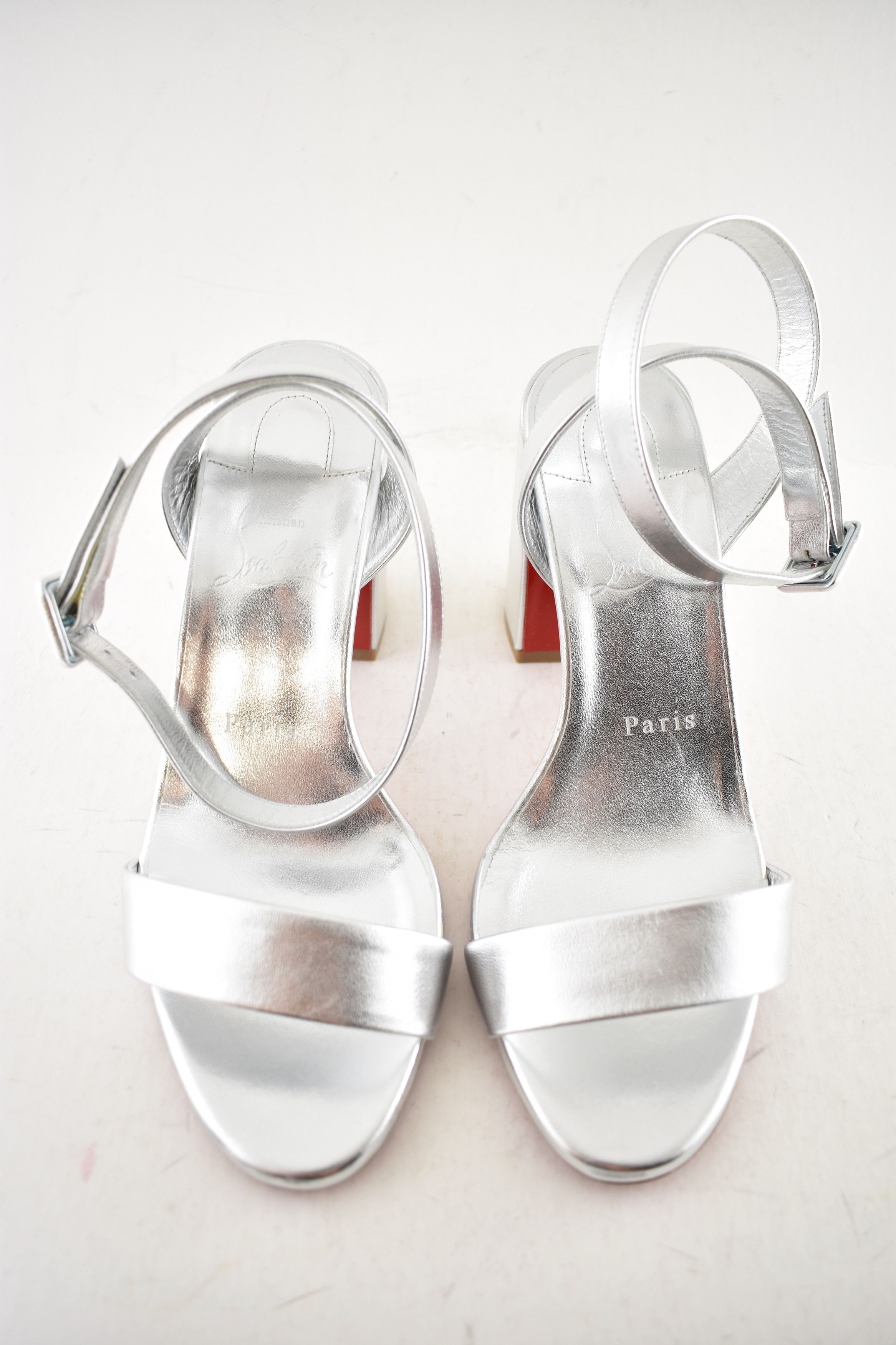 Christian Louboutin Miss Sabina 85 Silver Ankle Strap Block Heel Sandal 37 Size US 7 / IT 37 - 6 Thumbnail