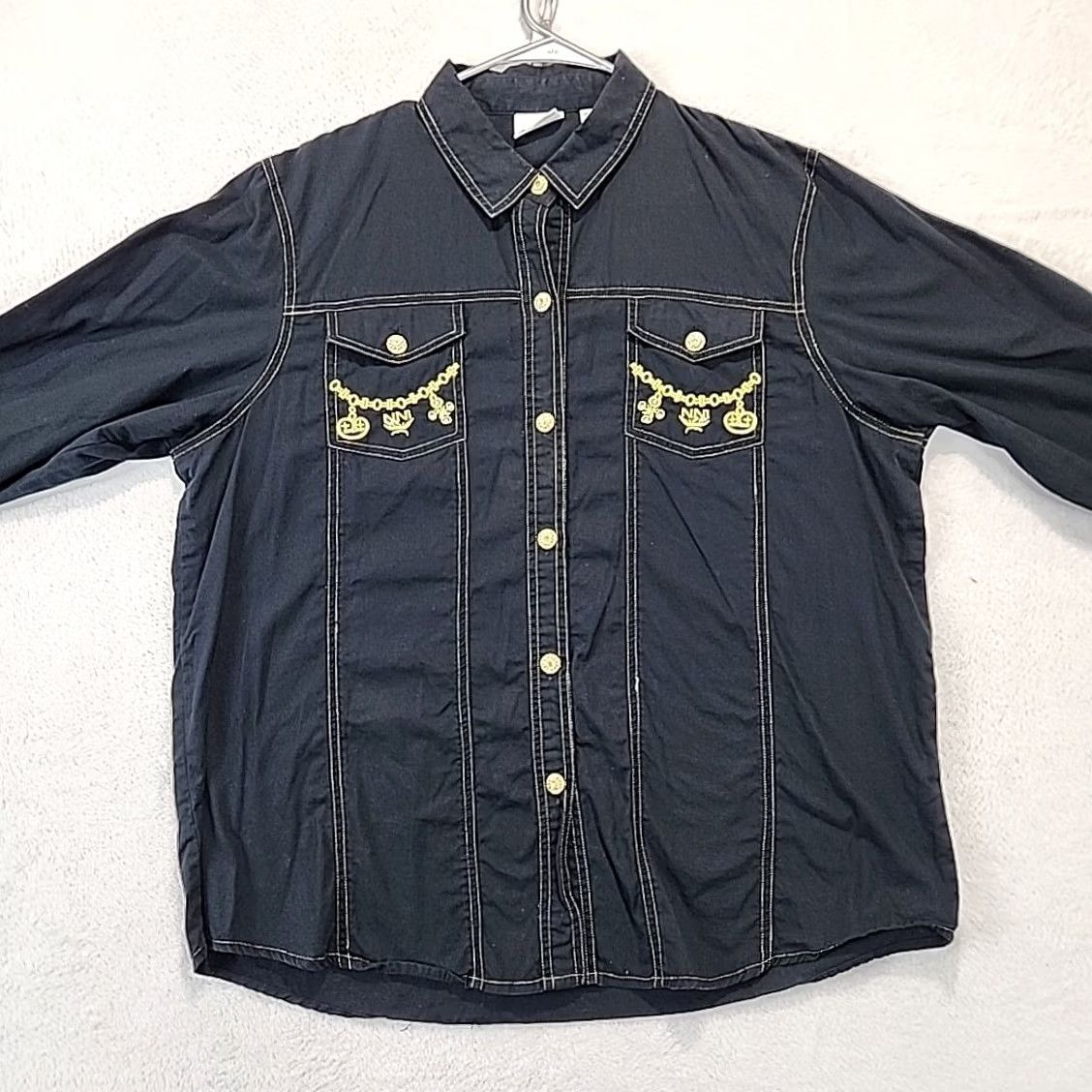 Vintage VINTAGE Styleworks Black Button-Up Cotton Blouse Gold Embellishments Womens Sz 16 Regular Fit Long Sleeve Rhinestone Cardigan not included? Size XXL / US 16-18 / IT 52-54 - 3 Thumbnail