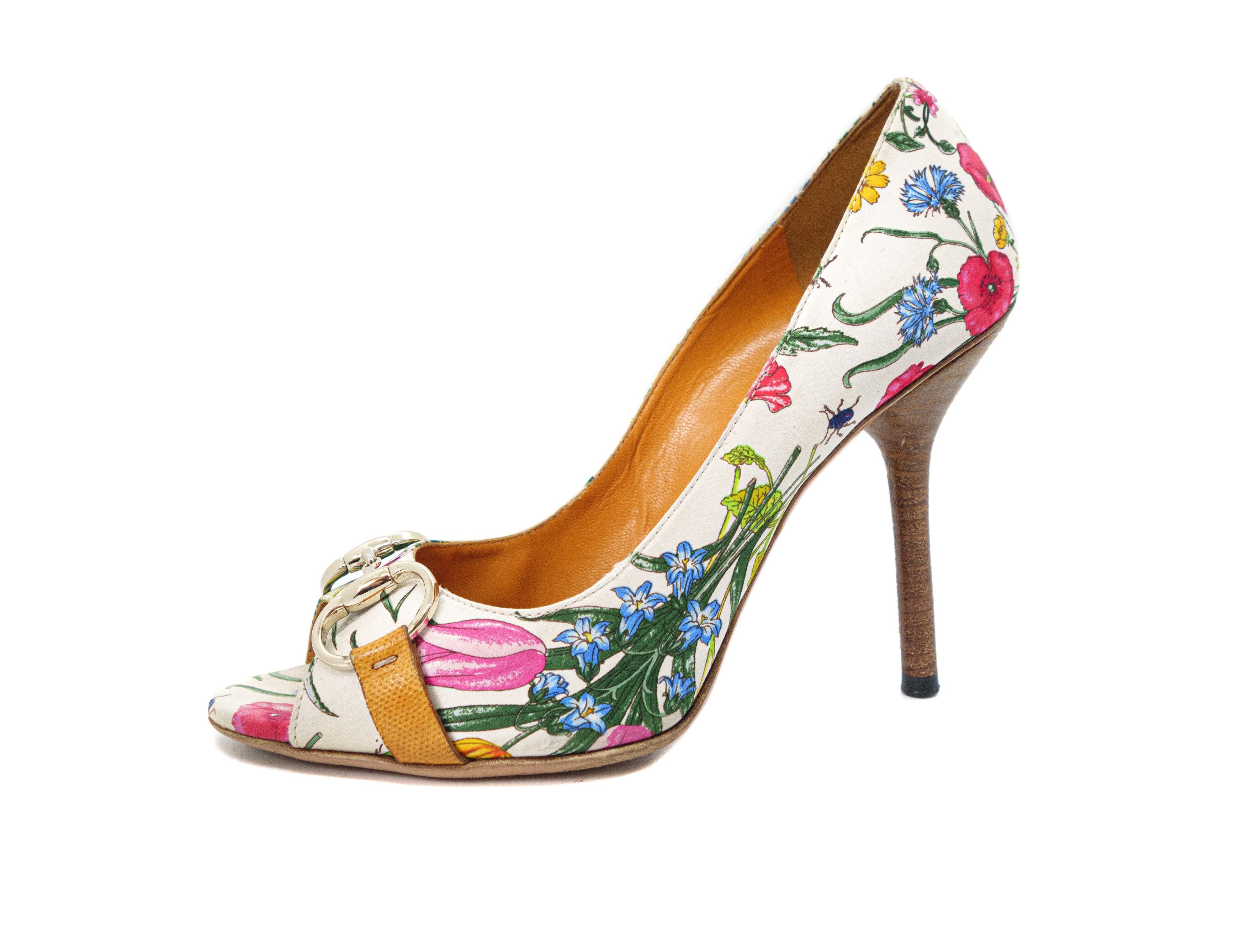 Gucci Botanical Floral Satin Horsebit Peep Heels Size US 7 / IT 37 - 1 Thumbnail