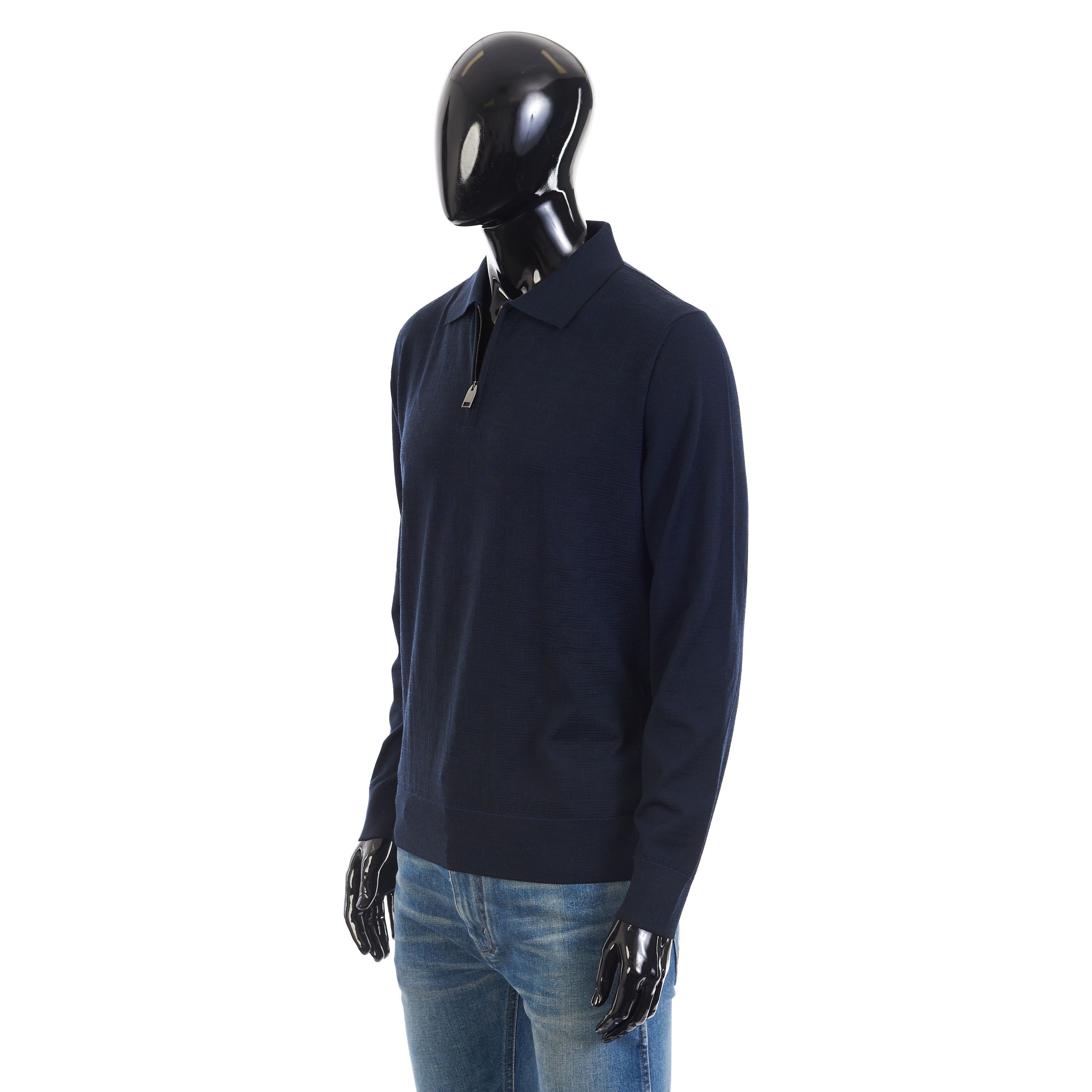 Brioni Polo Sweater With Metal Zip In Blue Wool Size US L / EU 52-54 / 3 - 3 Thumbnail
