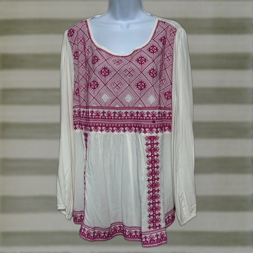 Savanna Jane Pullover Embroidered Long Sleeve Top Women's 2X Ivory NWT Blouse Tunic Casual Plus Size Rayon Scoop Neck Hand Wash
