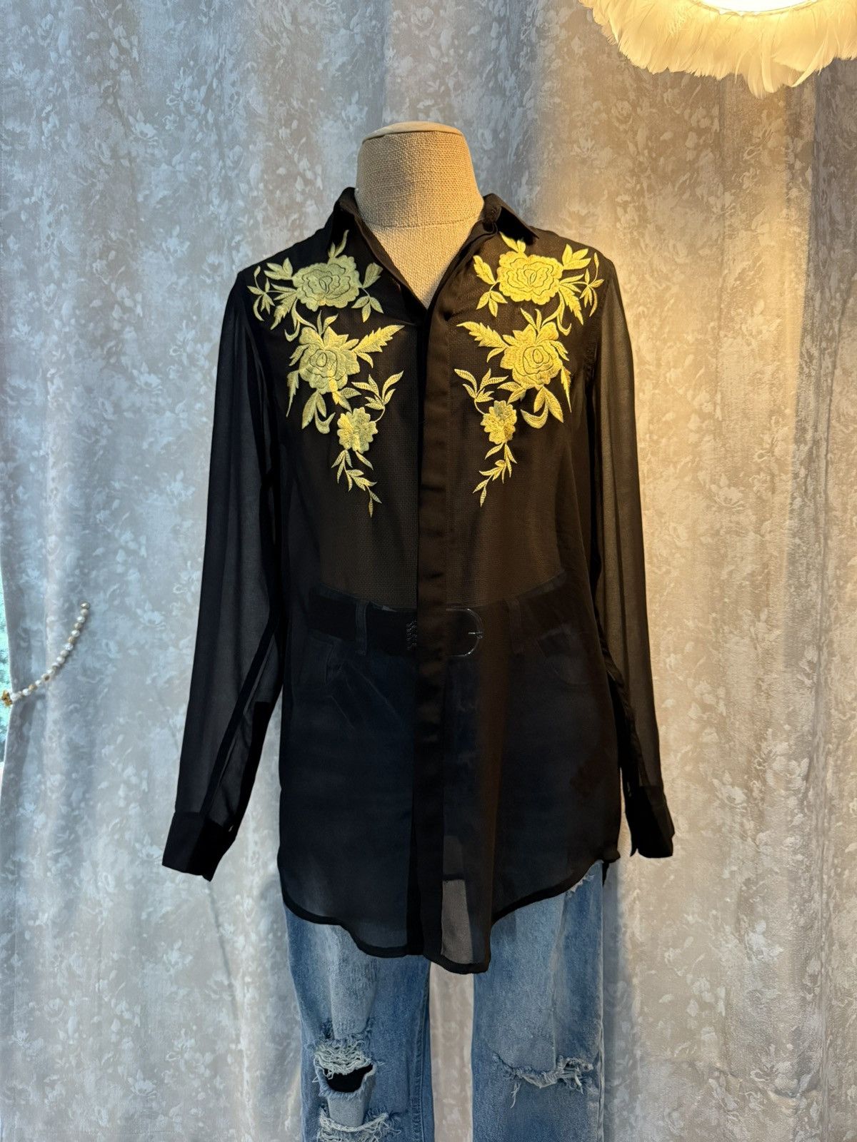 Shein Sheer Black Button-Up Shirt with Gold Floral Embroidery Size M / US 6-8 / IT 42-44 - 2 Thumbnail