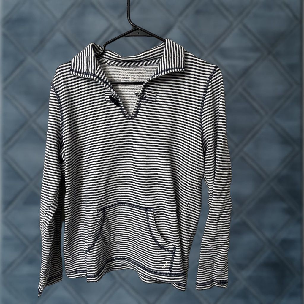 Nautica Nautica Women's Sz Large Navy Striped Sweatshirt Preppy Summer Hoodie Pullover Hooded Activewear Womens Blue Striped Size L / US 10 / IT 46 - 1 Thumbnail