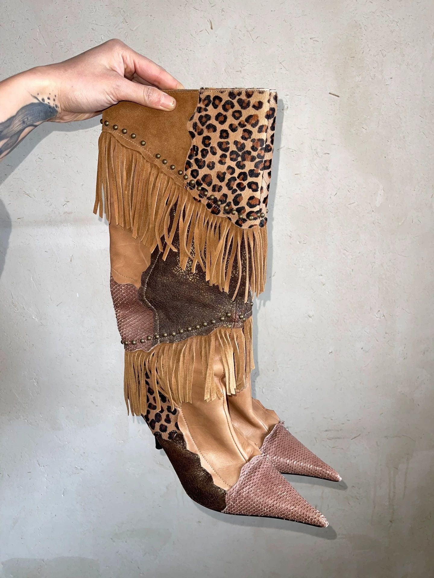 Other El Dantes Tassel Rivet Mixed Fur Leather Long Boot 38 Size US 7.5 / IT 37.5 - 2 Thumbnail