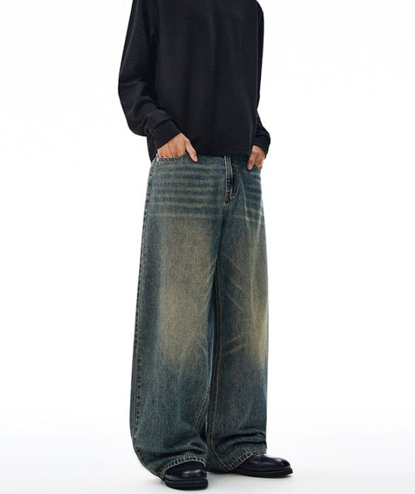 Japanese Brand Men's Washed Cleanfit Loose-fit Distressed Curved Jeans Y2K Size US 32 / EU 48 - 2 Thumbnail