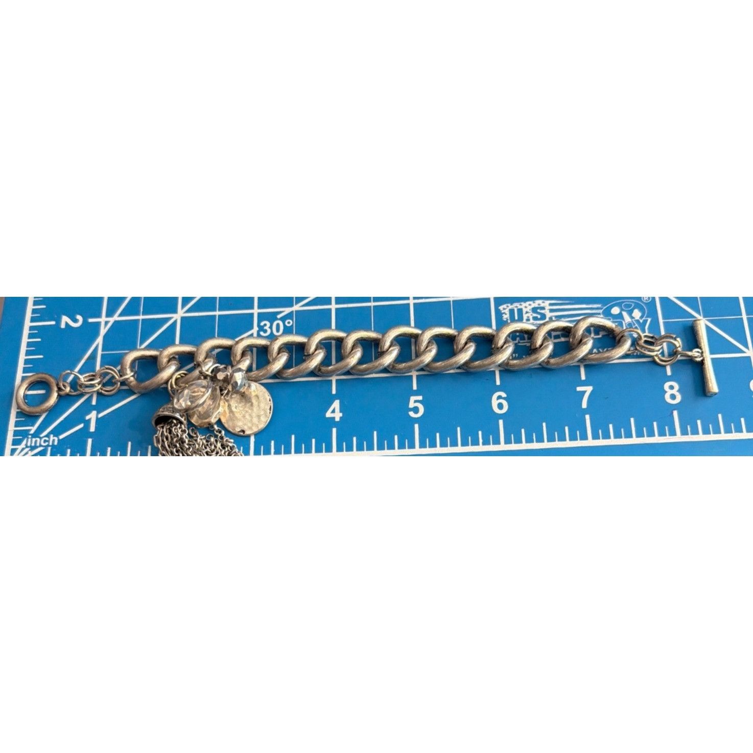 Other Chunky Silver Chain Link Bracelet Charms Crystal Tassel Togg Size ONE SIZE - 5 Thumbnail