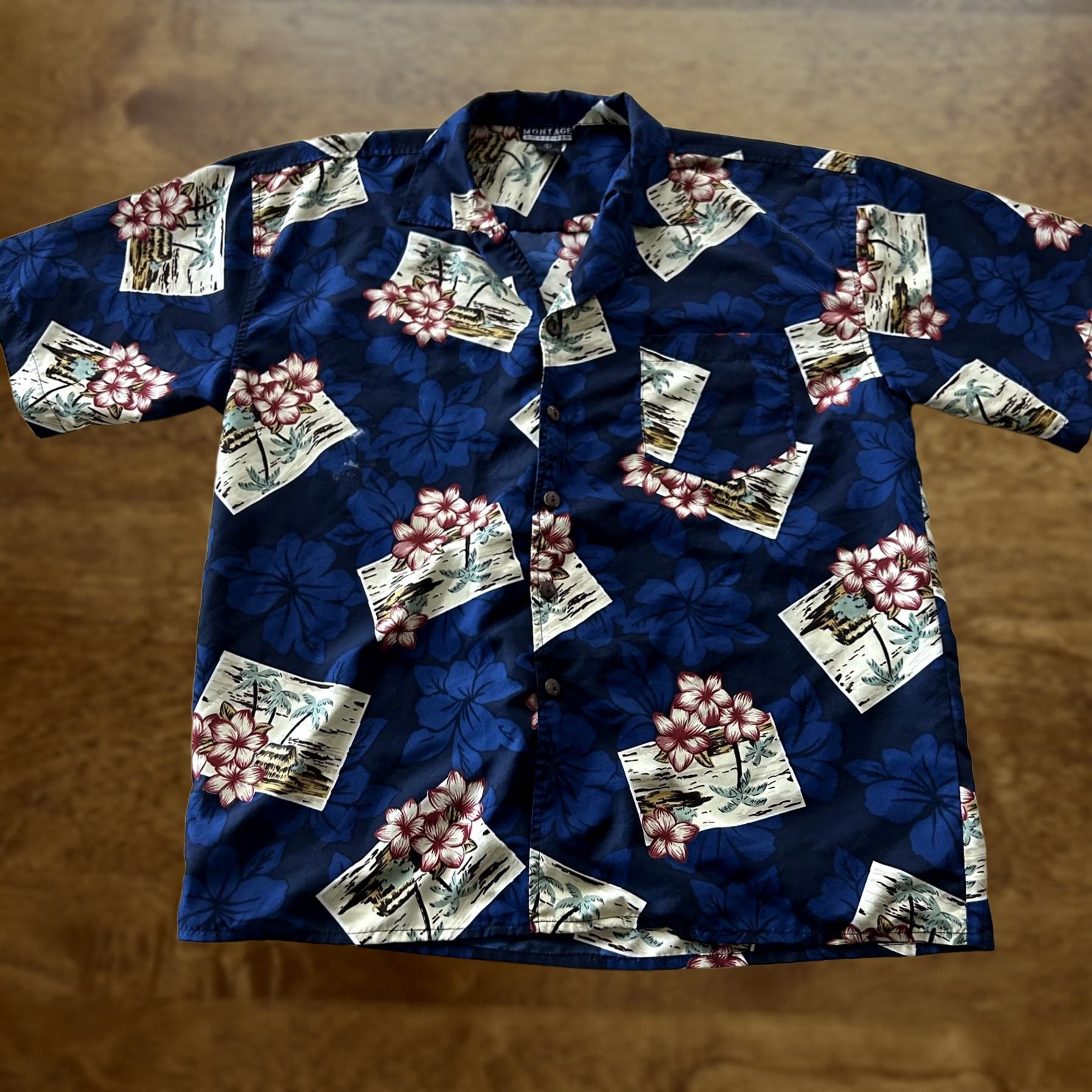 Vintage Montage Shirt Mens Large Blue Floral Hawaiian Short Sleeve Button Up Tropical Size US L / EU 52-54 / 3 - 1 Thumbnail