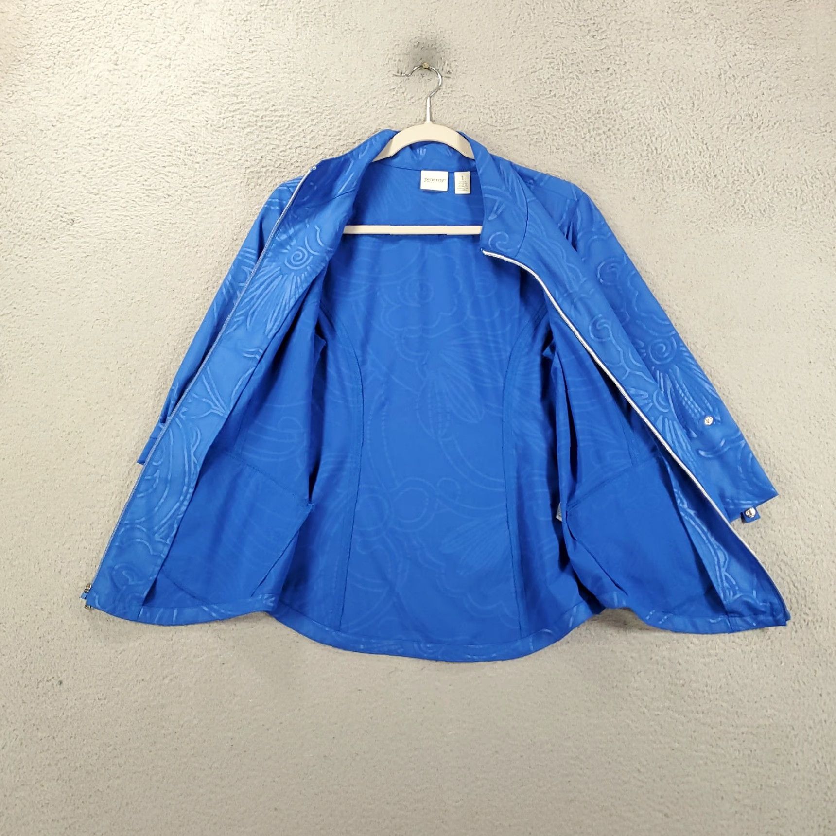 Vintage Chico's Zynergy Jacket Womens M Blue Floral Design Full Zip Long Sleeve Pockets Casual Travel Size M / US 6-8 / IT 42-44 - 7 Thumbnail