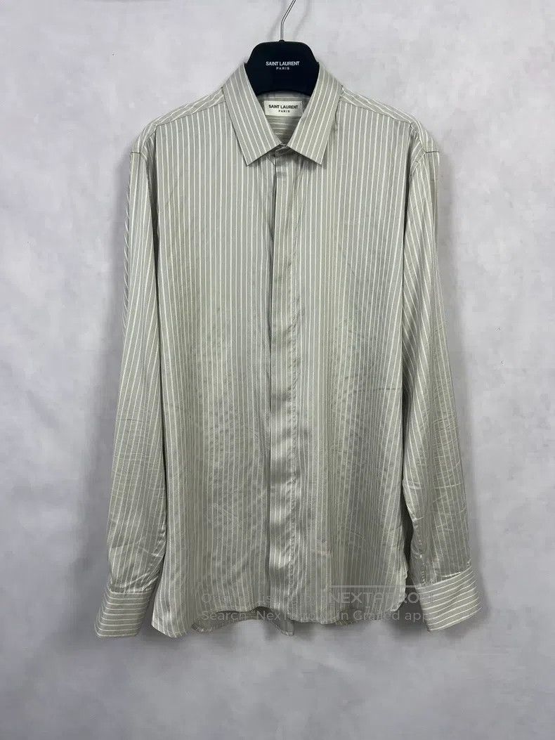 Saint Laurent Paris Saint Laurent Paris Grey Mulberry Silk Striped Shirt Size S / US 4 / IT 40 - 1 Thumbnail