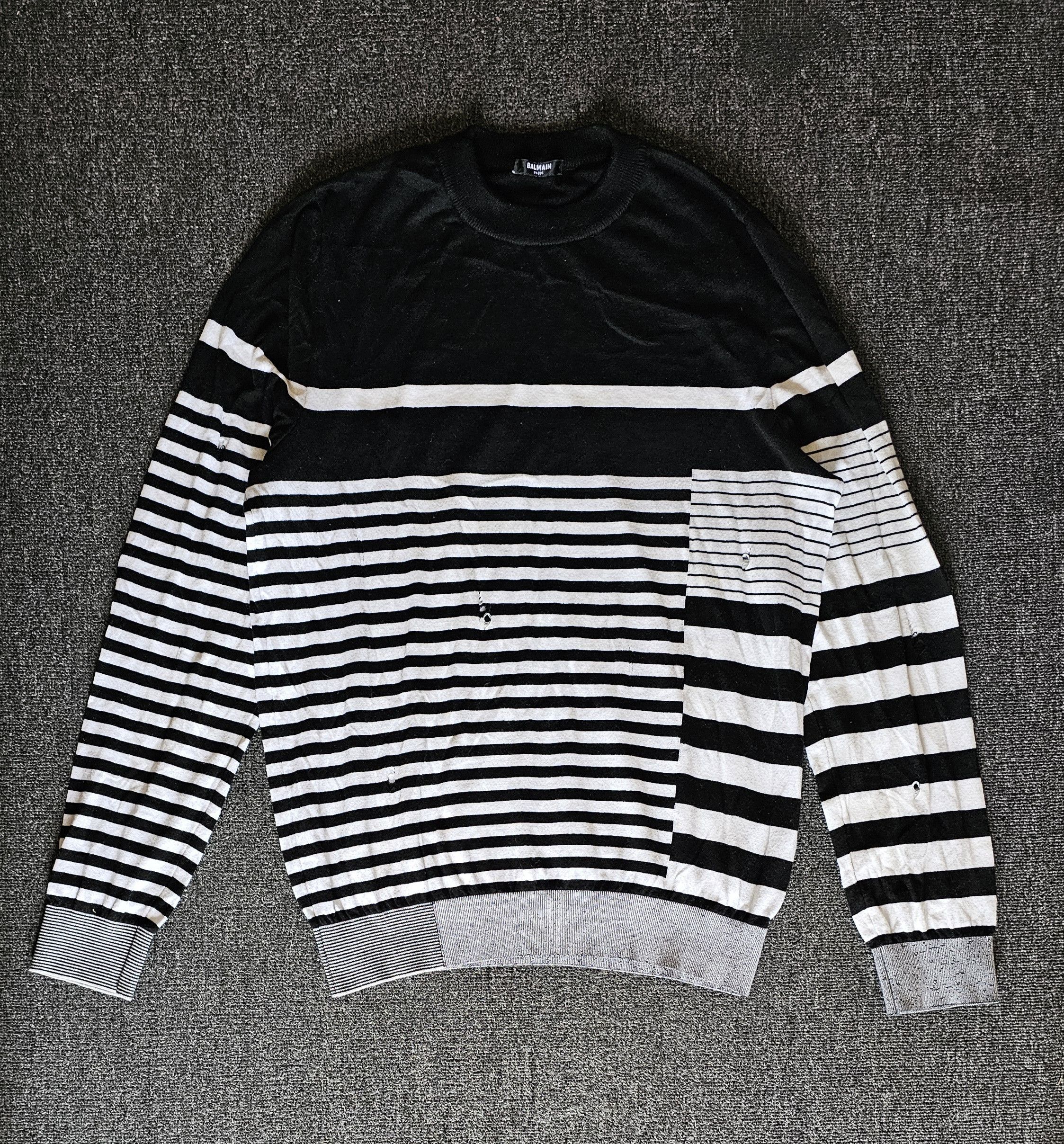 Balmain Balmain Men's Distressed Striped Patchwork Sweater Size L Size US L / EU 52-54 / 3 - 1 Thumbnail