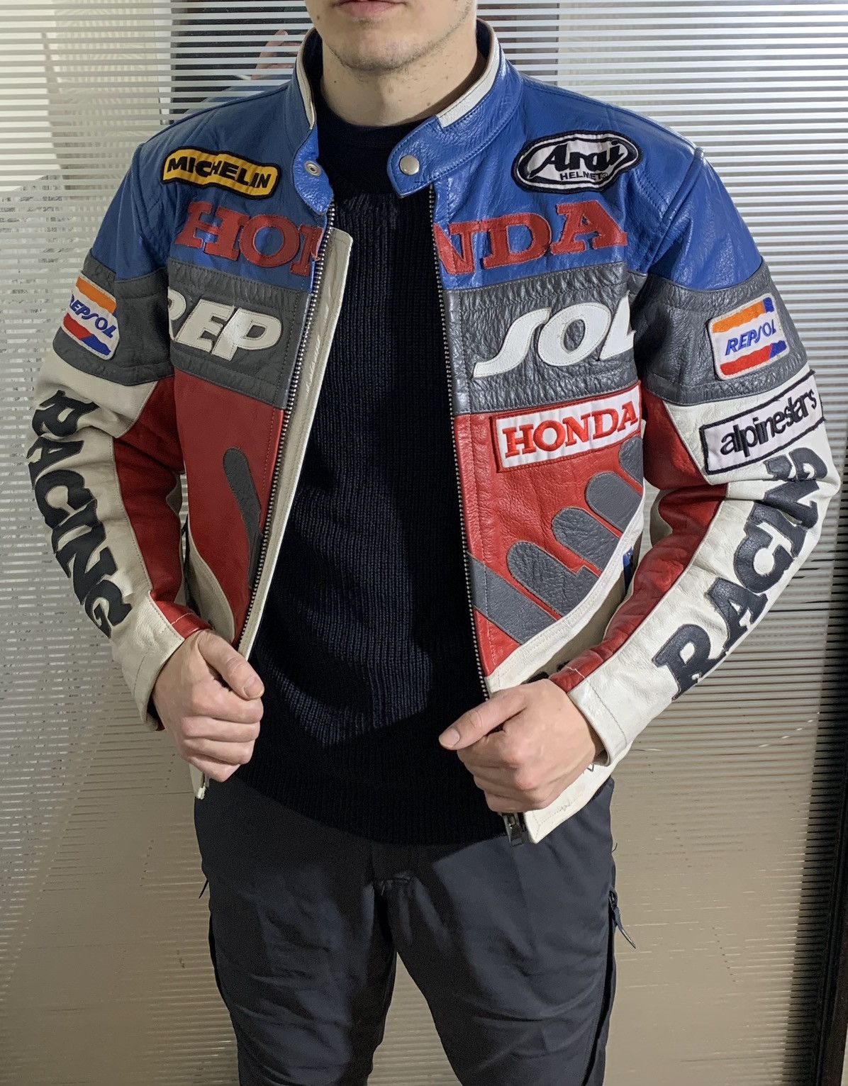 image of Honda Moto Leather Jacket in Blue, Men's (Size Medium)