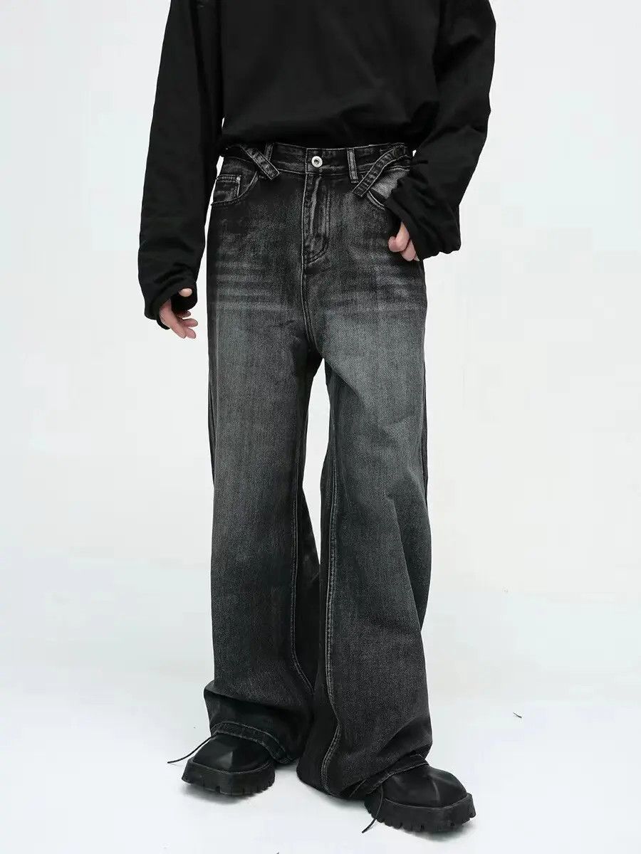 image of Retro Street Cat Whisker Design Wide Leg Jeans in Gray/Black, Men's (Size 32)