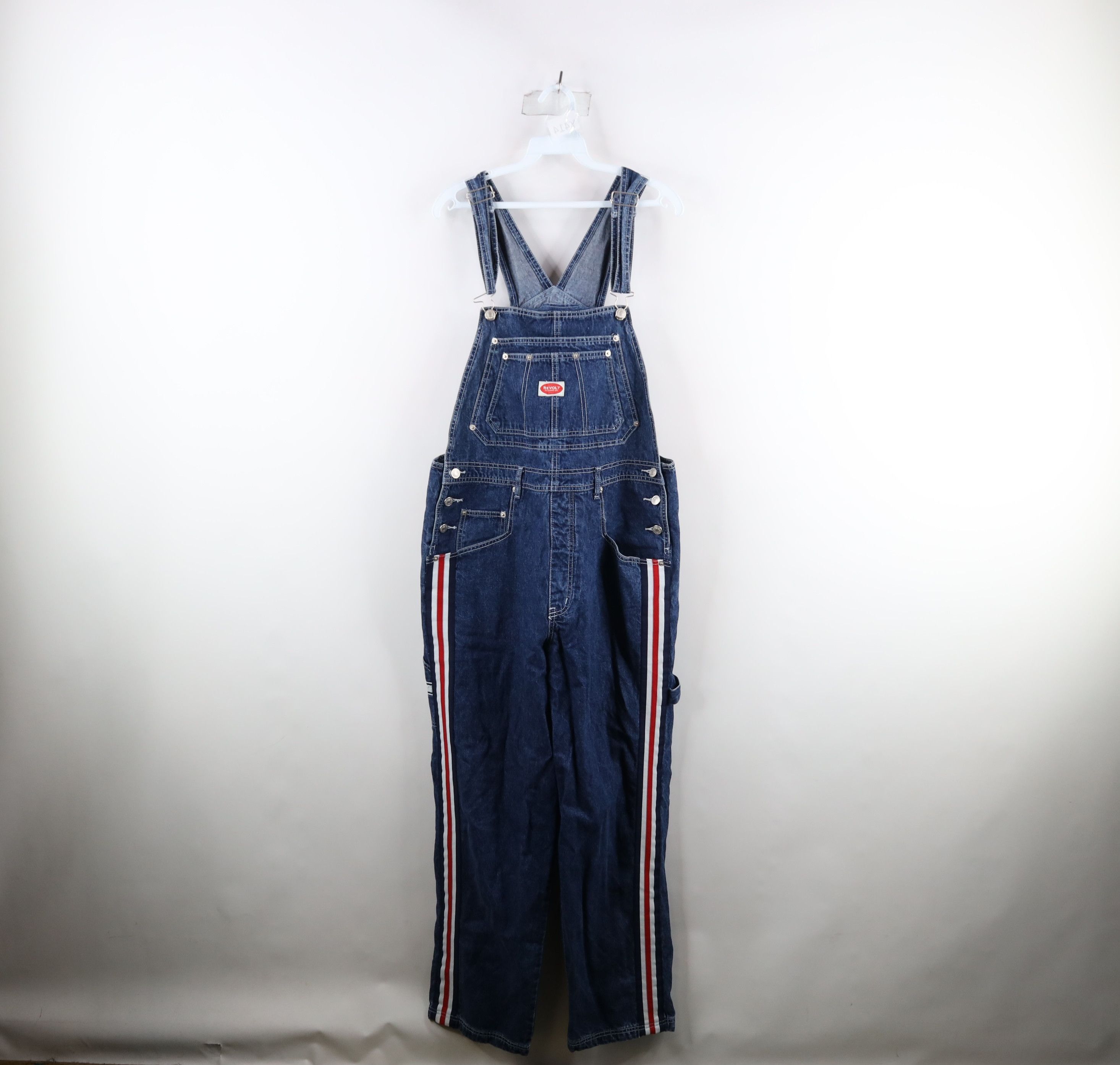 image of Vintage 90's Streetwear Faded Striped Wide Leg Denim Overalls in Blue, Women's (Size 2XL)