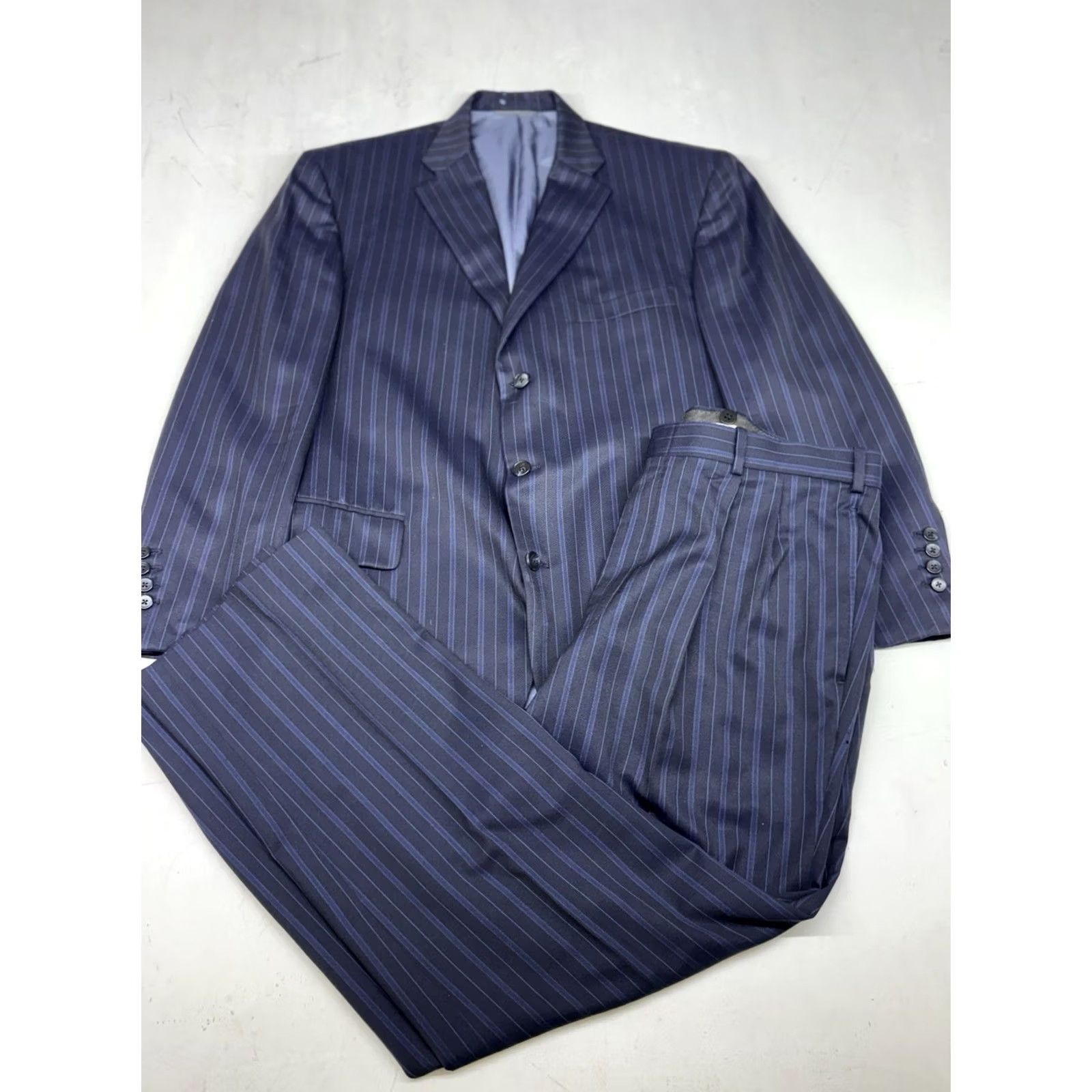 Vintage VINTAGE Tom James Suit Mens 46R Blue Striped 3 Button Wool Pants 31x32 Holland Sherry Size 46R - 2 Thumbnail