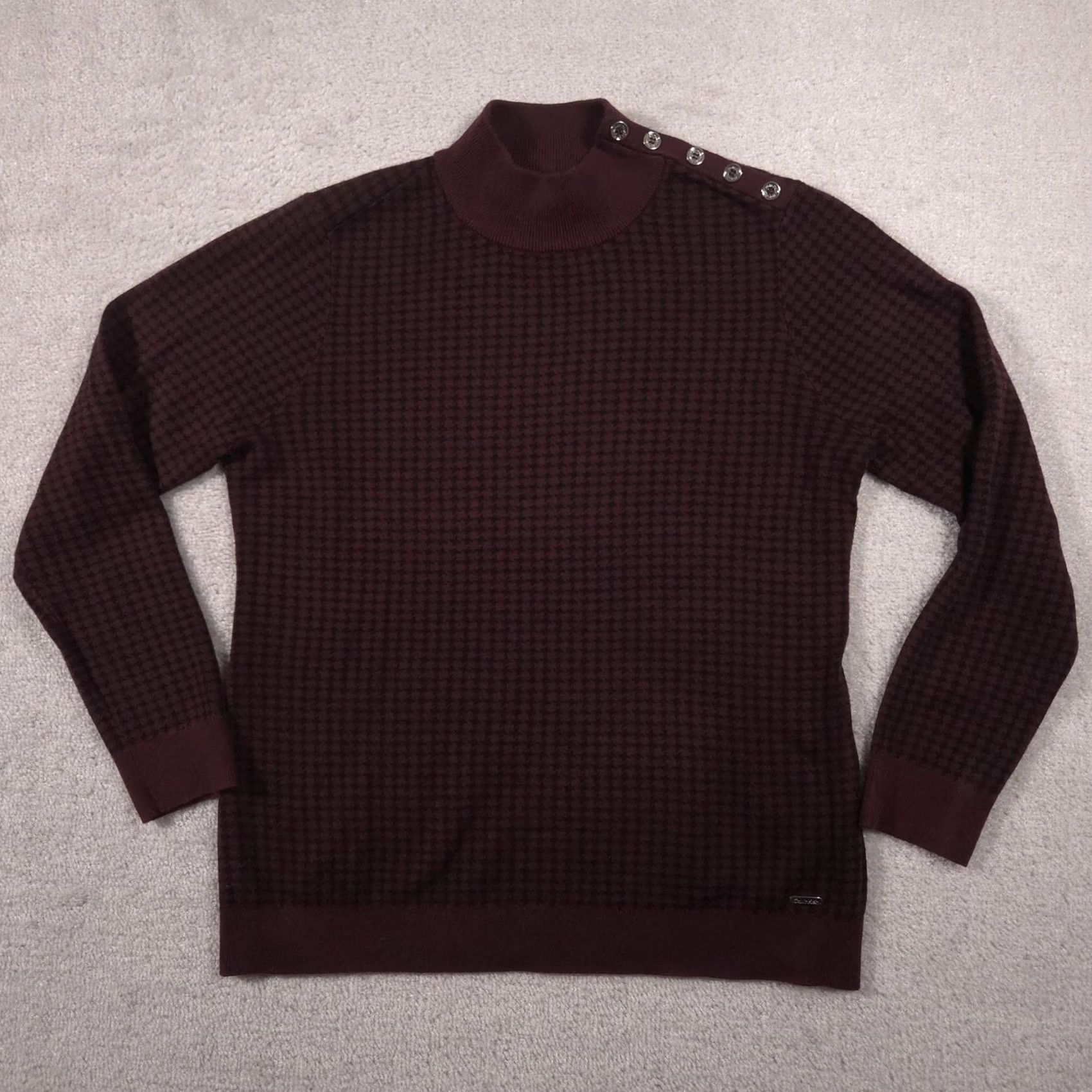 Calvin Klein Calvin Klein Sweater Womens L Red Check Mock Neck Button Shoulder Knit Pullover Size L / US 10 / IT 46 - 2 Thumbnail