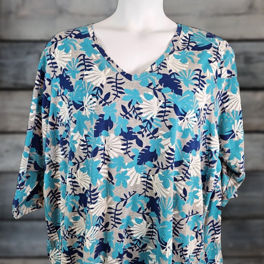 Vintage Woman Within Womens Top 3X Blue Gray Leaf Print 3/4 Sleeve Cotton Blend T-Shirt Ladies Womens Shirts Size XXL / US 16-18 / IT 52-54 - 1 Thumbnail