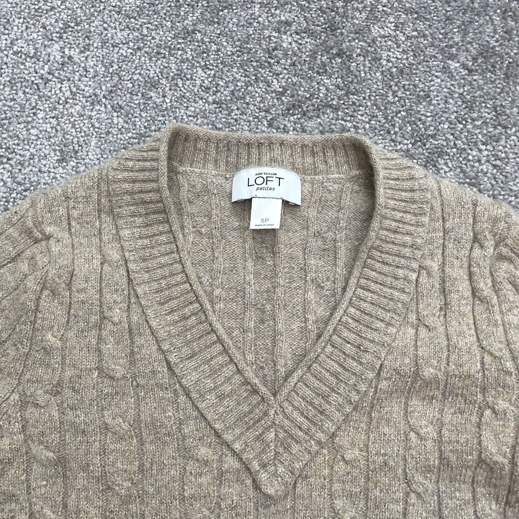 Loft LOFT Sweater Womens Petites PS Brown Pullover Cable-Knit V-Neck Knit Cotton Blend Long Sleeve Solid Womens Size S / US 4 / IT 40 - 3 Thumbnail