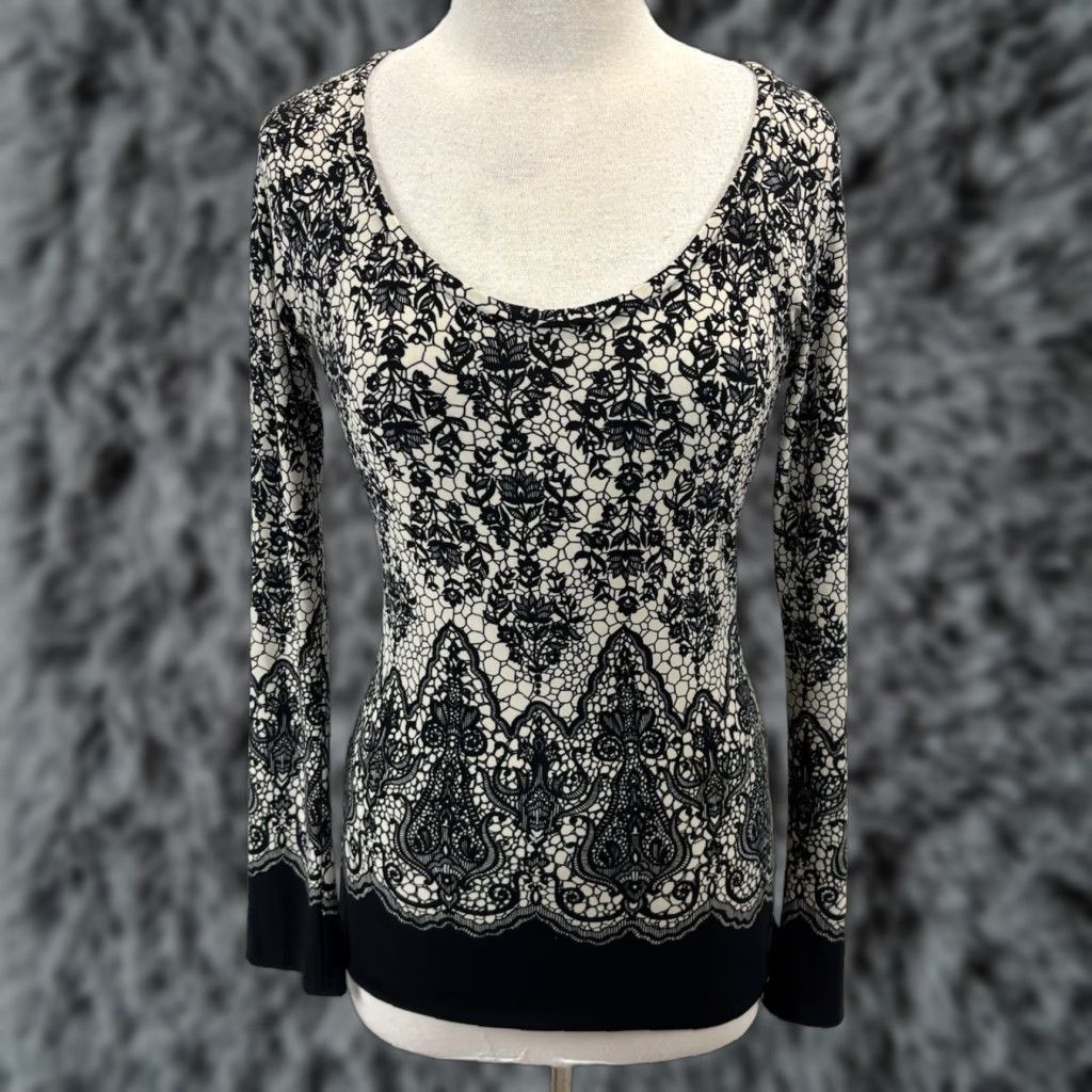 Norma Kamali Norma Kamali Lace Print Top Shirt Small Womens Tan Black Stretch Scoop Neck Womens Size S / US 4 / IT 40 - 1 Thumbnail