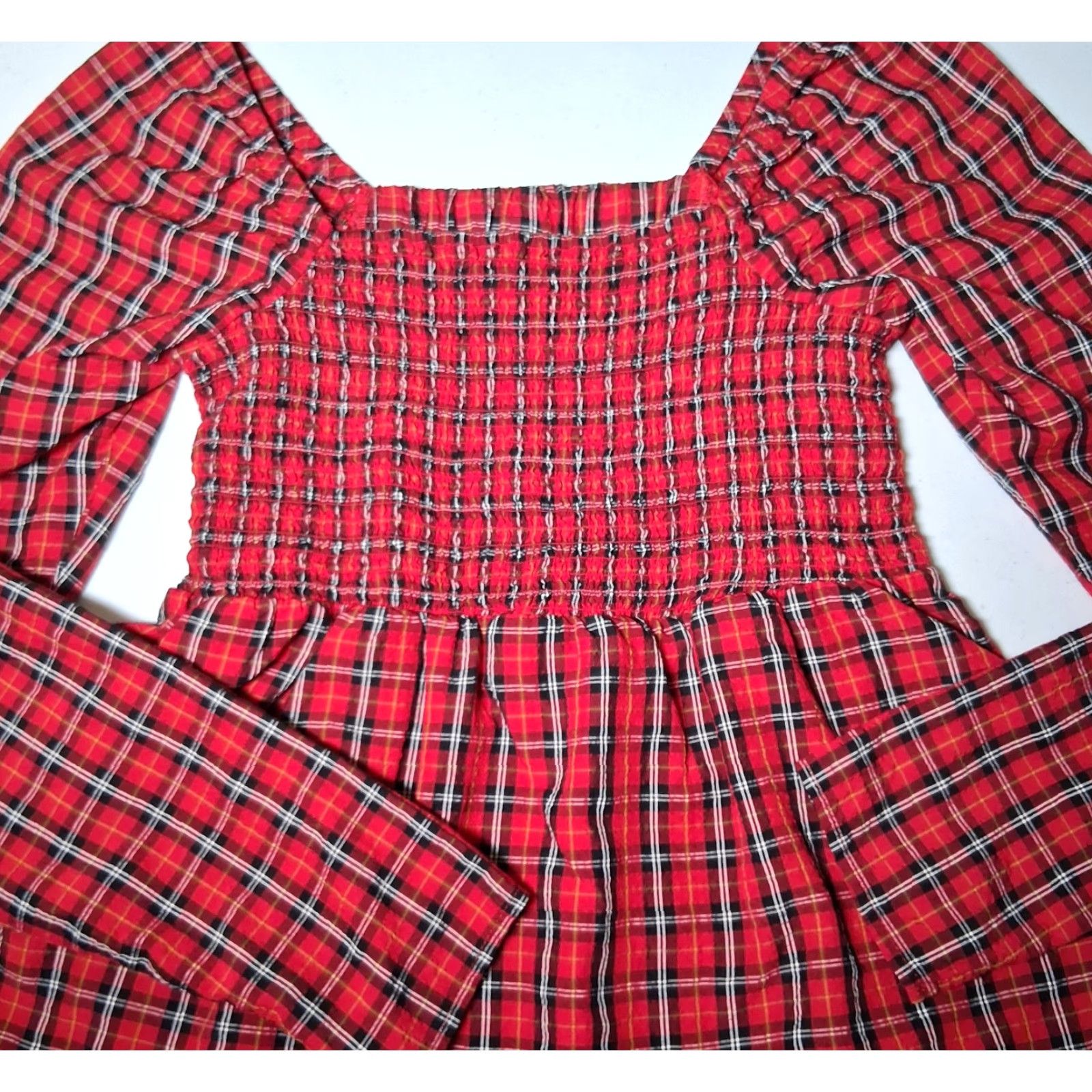 Old Navy Old Navy Blouse M Tall Red Plaid Tartan Smocked Peasant Milk Maid Crinkled Size M / US 6-8 / IT 42-44 - 2 Thumbnail