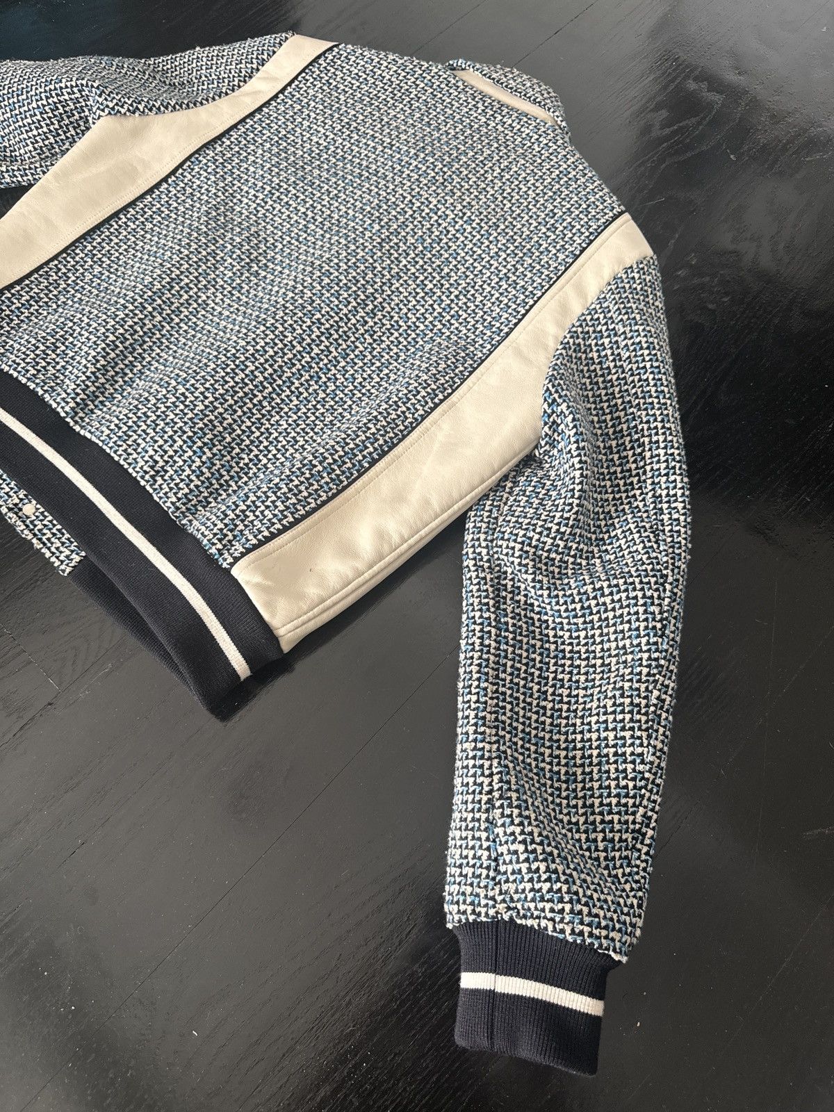 Amiri Amiri Bouclé & Leather Varsity Jacket – Navy/Cream – Size 50 Size US M / EU 48-50 / 2 - 2 Thumbnail
