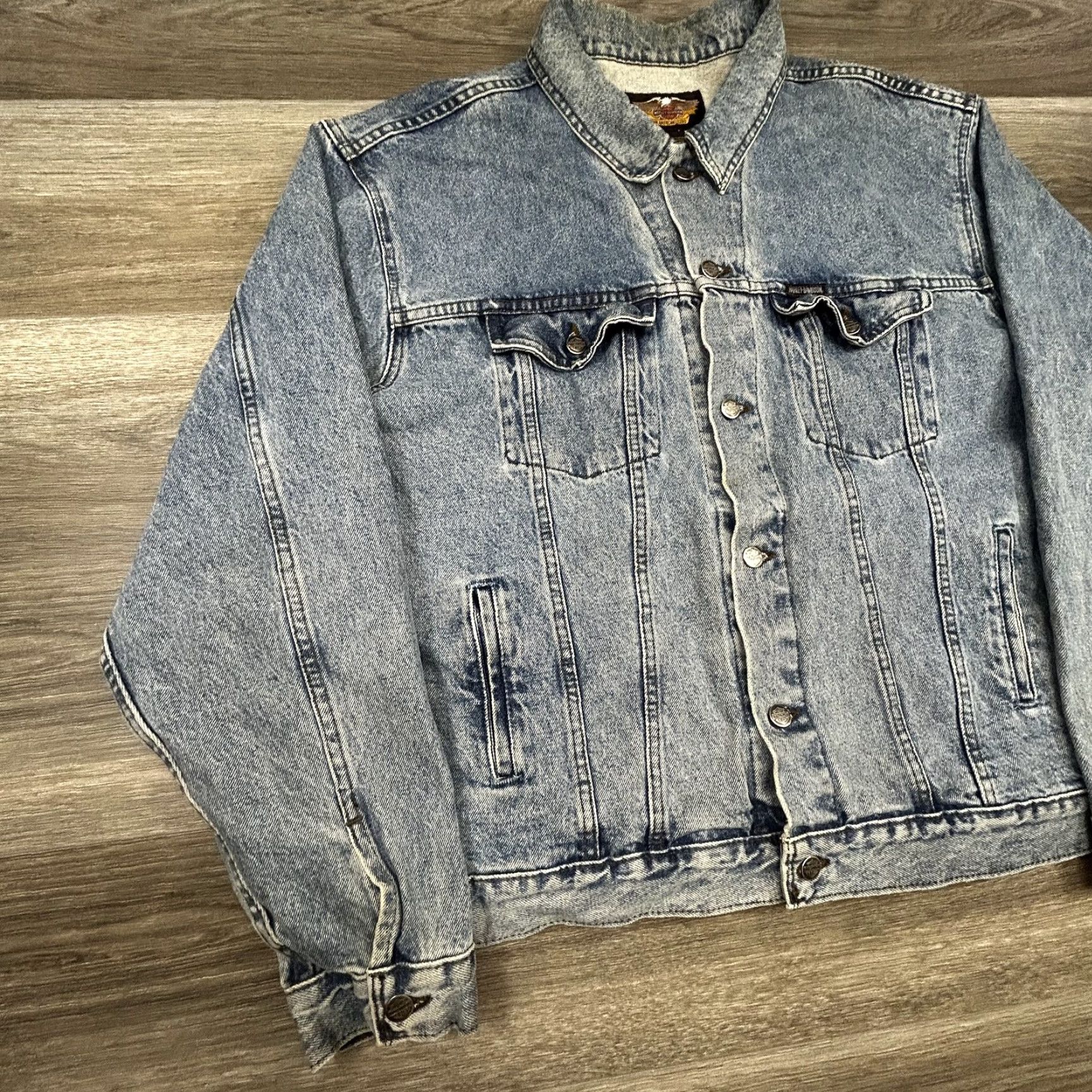 Harley Davidson VINTAGE Harley-Davidson Denim Jacket Mens 2XL Blue Eagle USA Flag Biker 90s Size US XXL / EU 58 / 5 - 3 Thumbnail