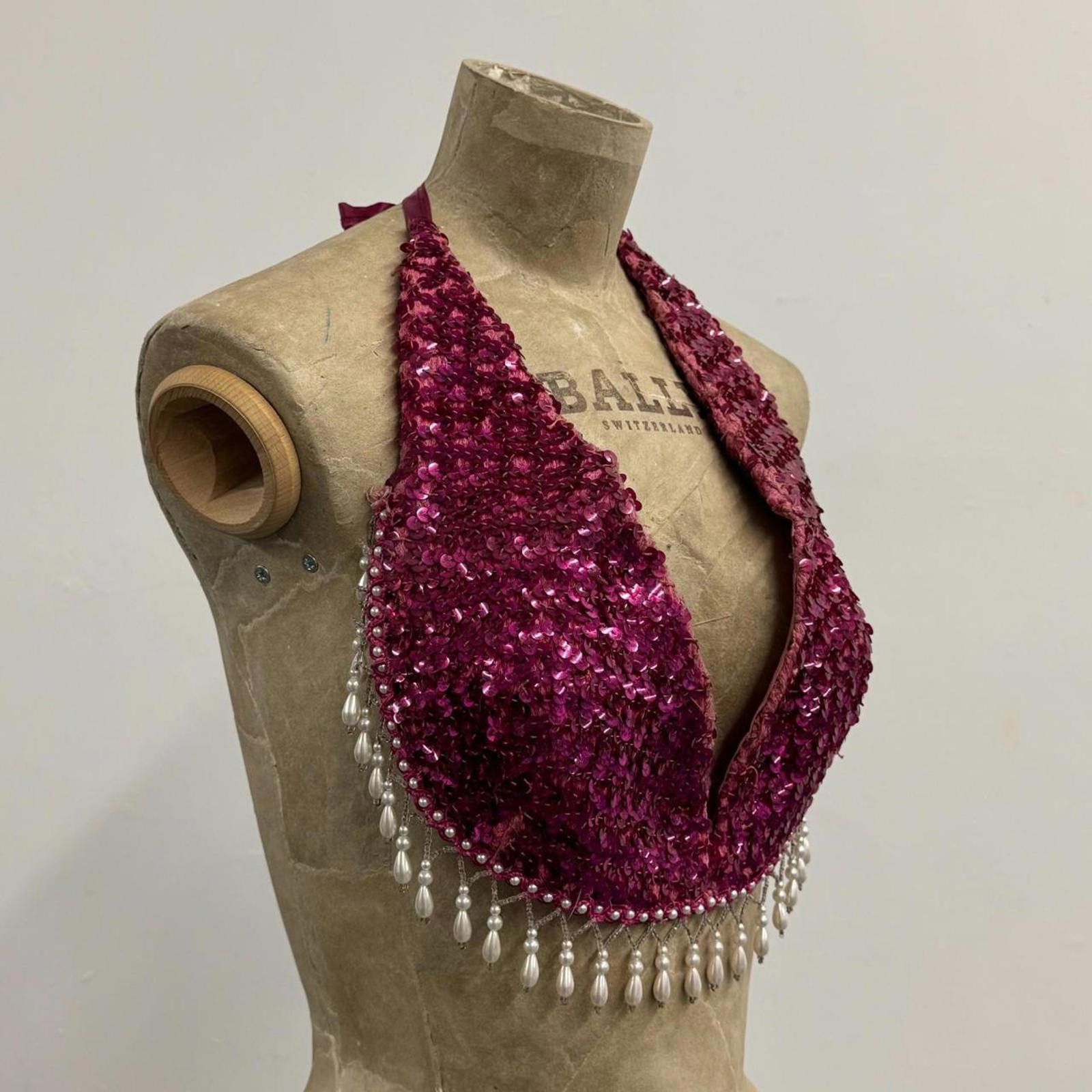 Other Vintage Showgirl Magenta Sequin Halter Bra Top Size ONE SIZE - 3 Thumbnail