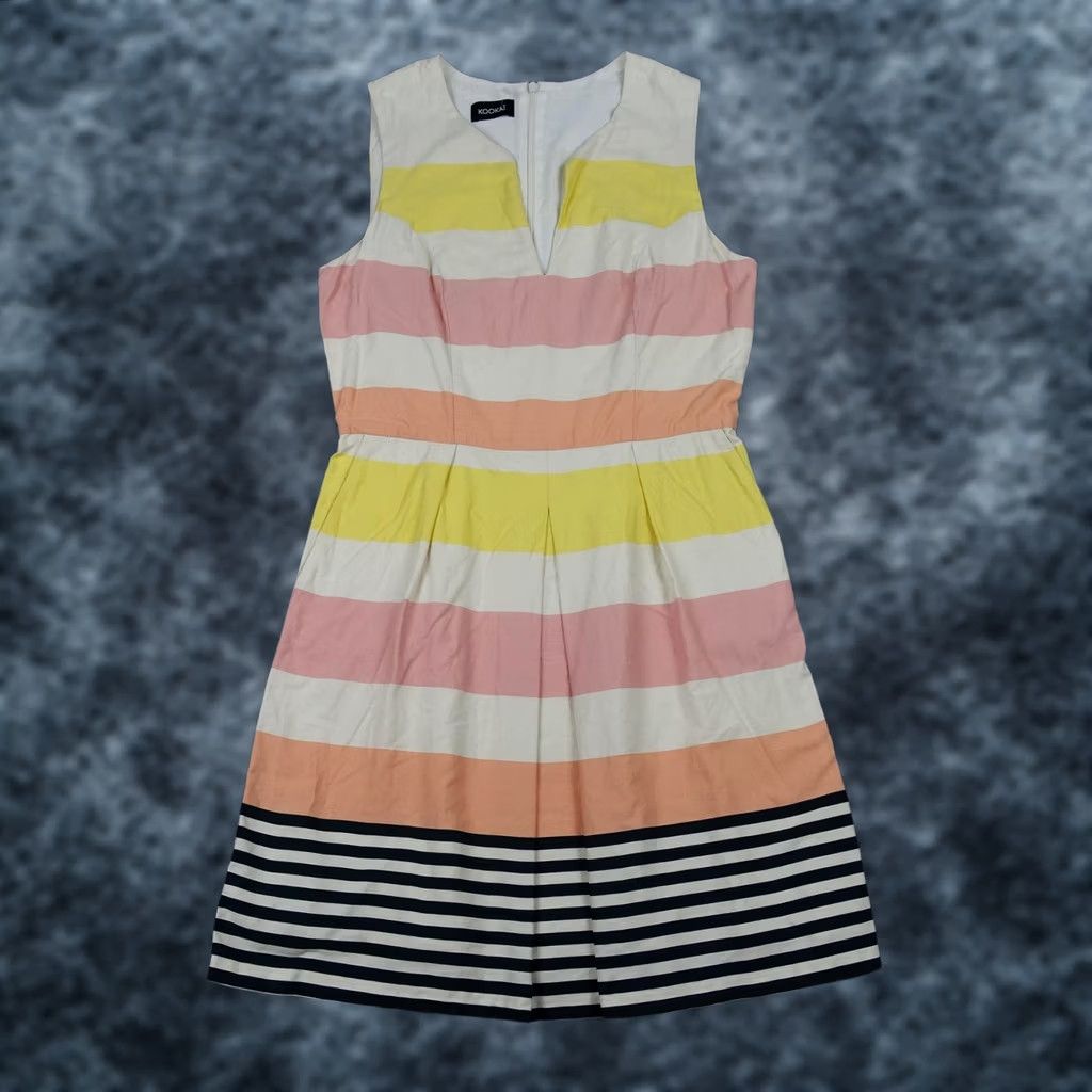 Vintage Kookai Dress Womens S Beige Striped Sleeveless V-Neck Fit & Flare Short Summer Dress Beige Womens Size S / US 4 / IT 40 - 1 Thumbnail
