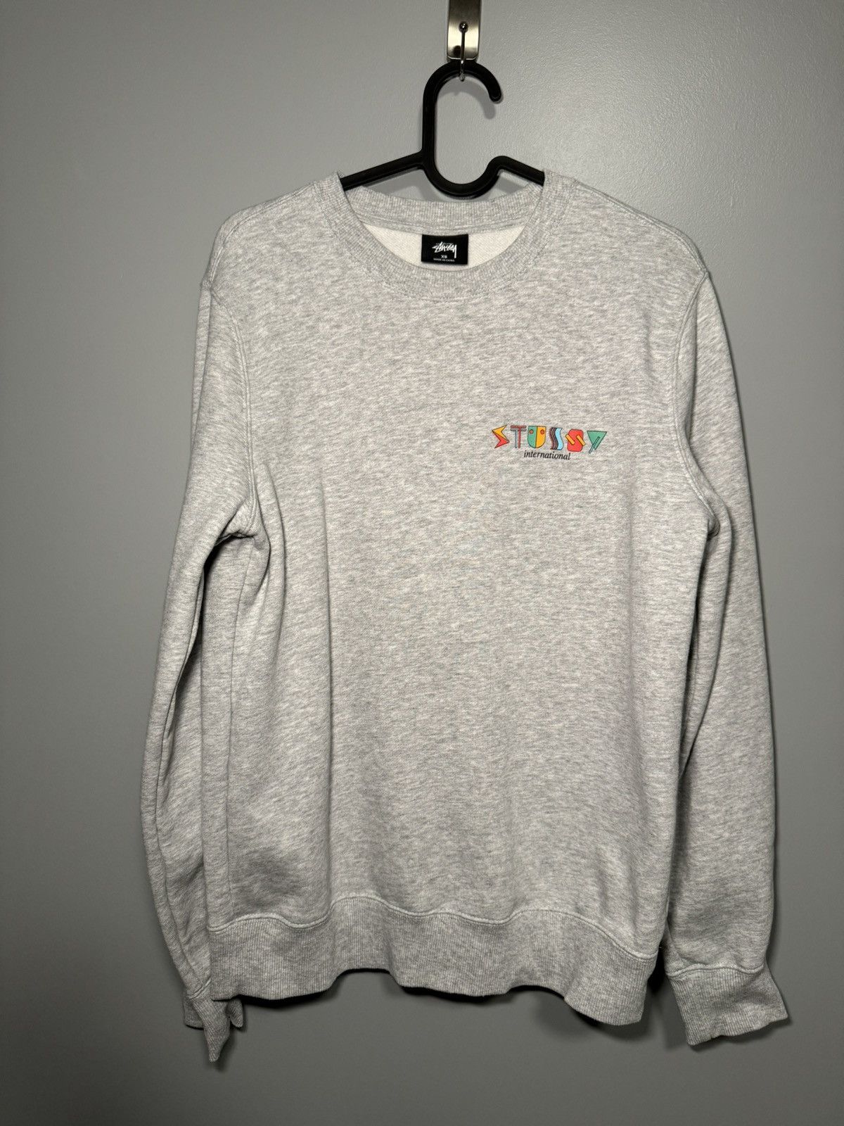 image of Grey Stussy International Long Sleeve Crew Neck Sweatshirt, Men's (Size XS)