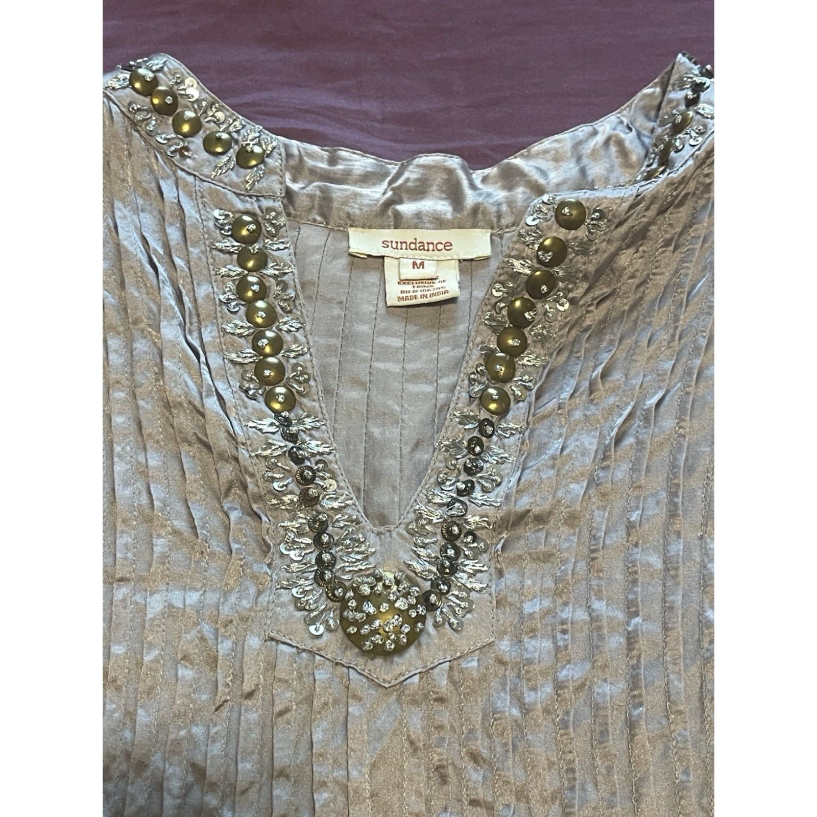 Vintage Sundance Silk Blouse Shirt Women 100% Silk Embroidered Silver Scoop Neck Size M Bohemian Tunic Women Size M / US 6-8 / IT 42-44 - 3 Thumbnail