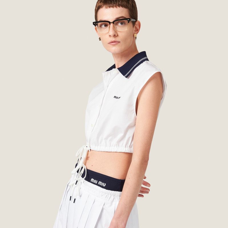 Miu Miu o1B3y1r0526 Poplin Top in White/Blue Size L / US 10 / IT 46 - 2 Thumbnail