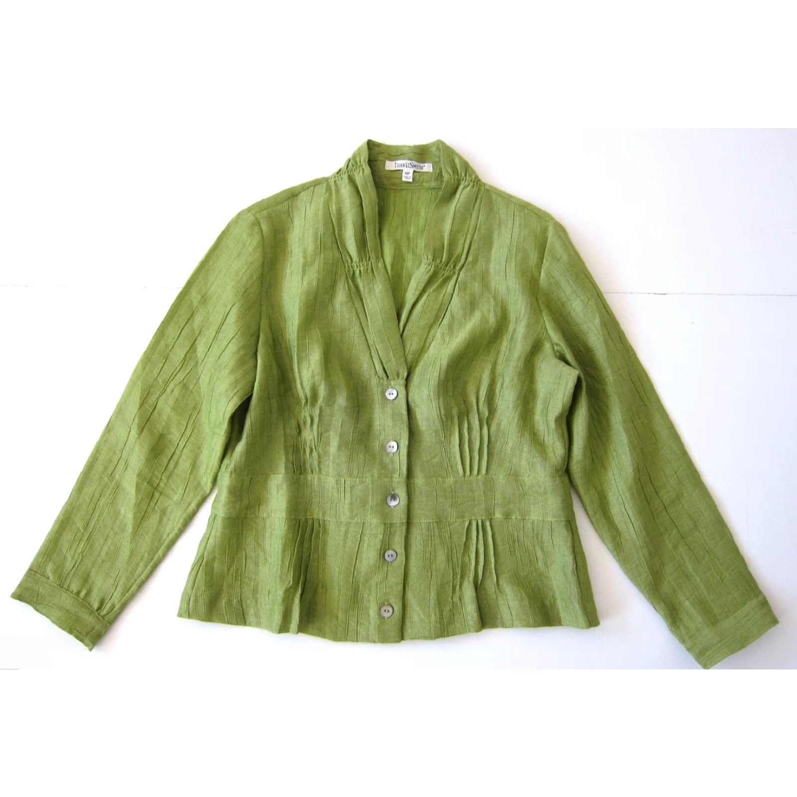 Vintage TravelSmith Blouse PM Petite Long Sleeve Collared Button Down Green Linen Rayon Shirt Womens Size M / US 6-8 / IT 42-44 - 8 Thumbnail