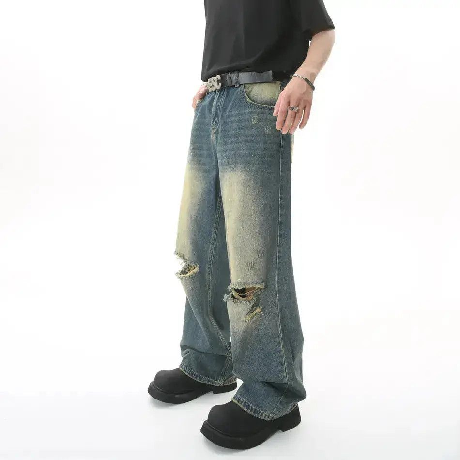 Japanese Brand Retro loose straight leg ripped jeans Size US 32 / EU 48 - 3 Thumbnail